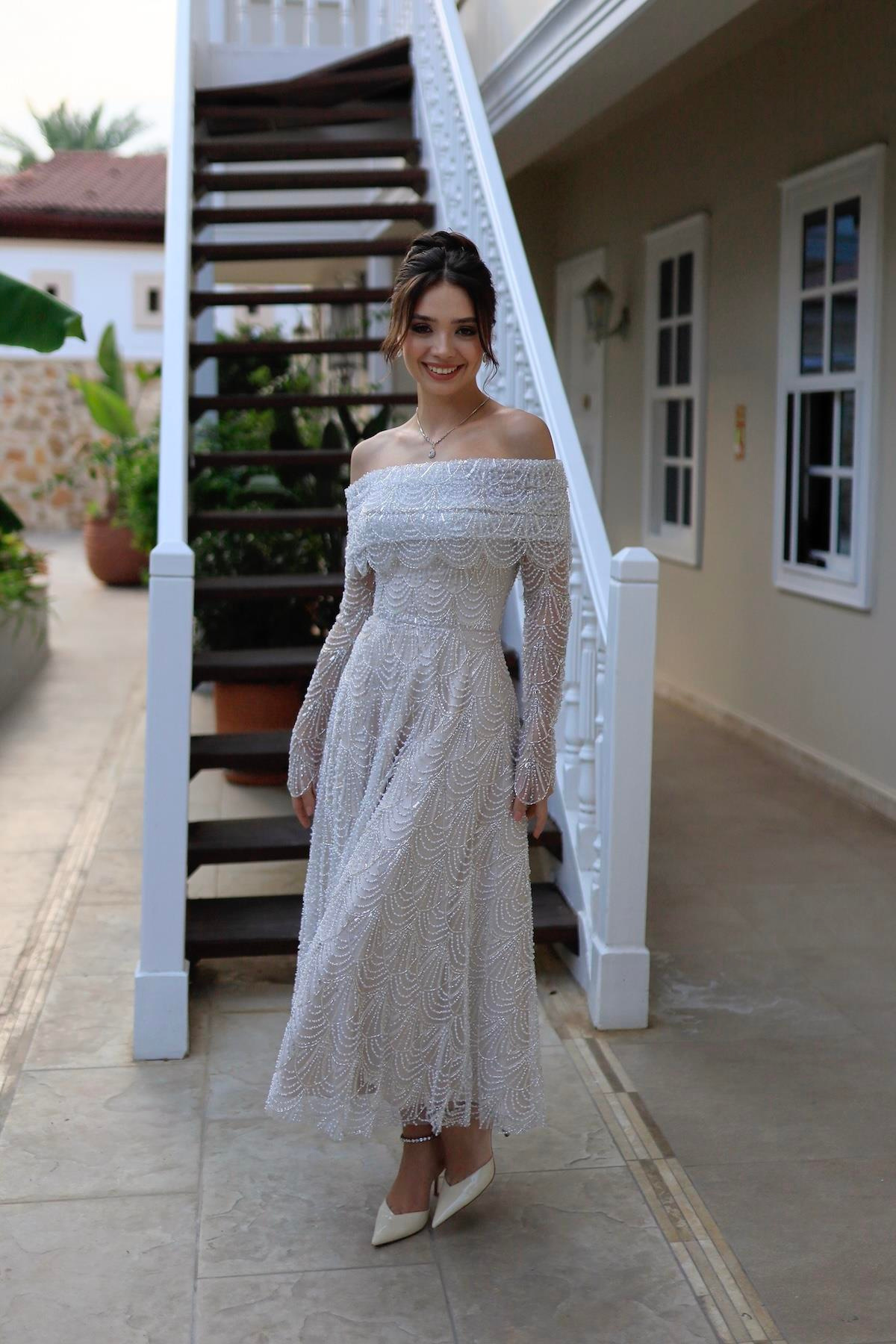 TheElsa | MONICA BOLERO PRENSESBEYAZ ELBİSELERMonica Bolero Prenses Özel Tasarım Dantel Nişan Nikah Elbisesi