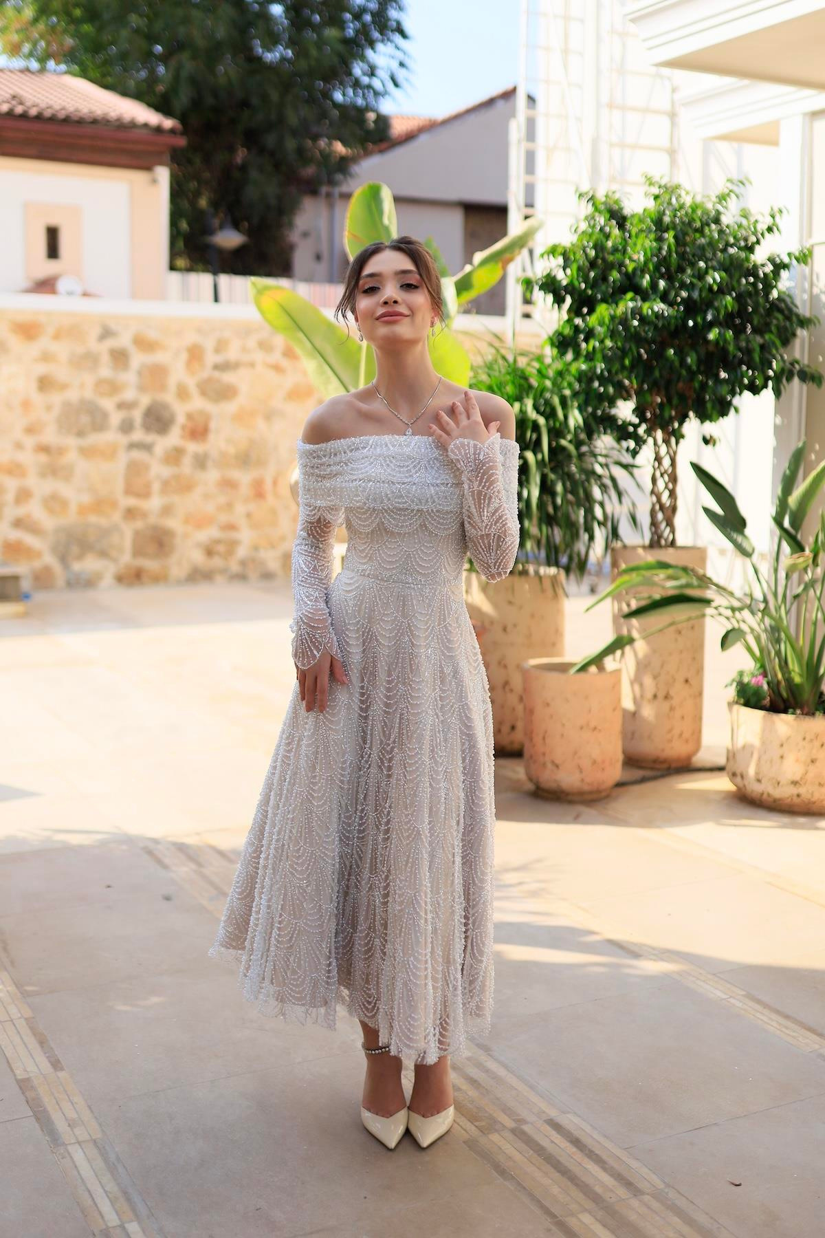 TheElsa | MONICA BOLERO PRENSESBEYAZ ELBİSELERMonica Bolero Prenses Özel Tasarım Dantel Nişan Nikah Elbisesi