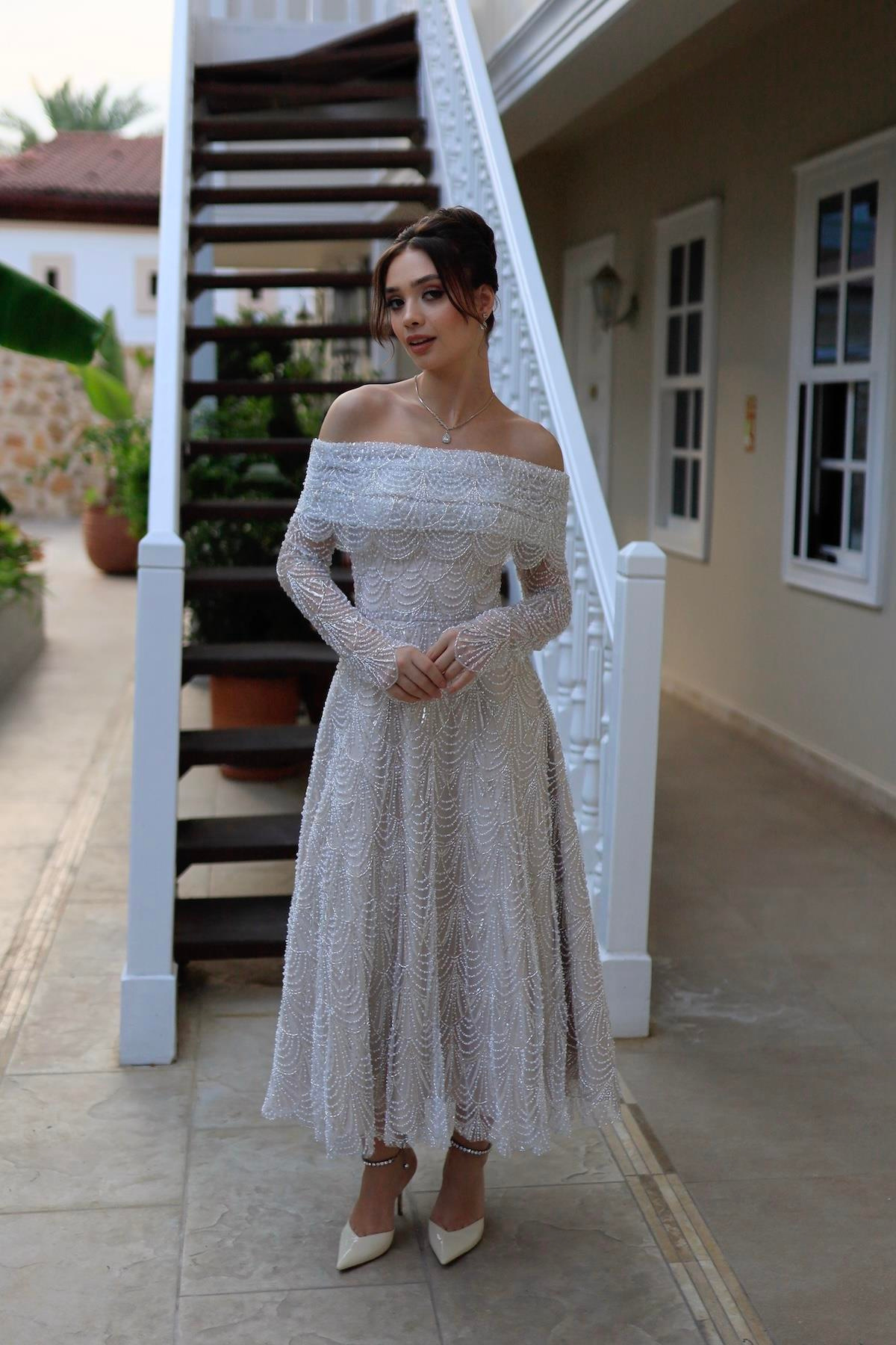 TheElsa | MONICA BOLERO PRENSESBEYAZ ELBİSELERMonica Bolero Prenses Özel Tasarım Dantel Nişan Nikah Elbisesi
