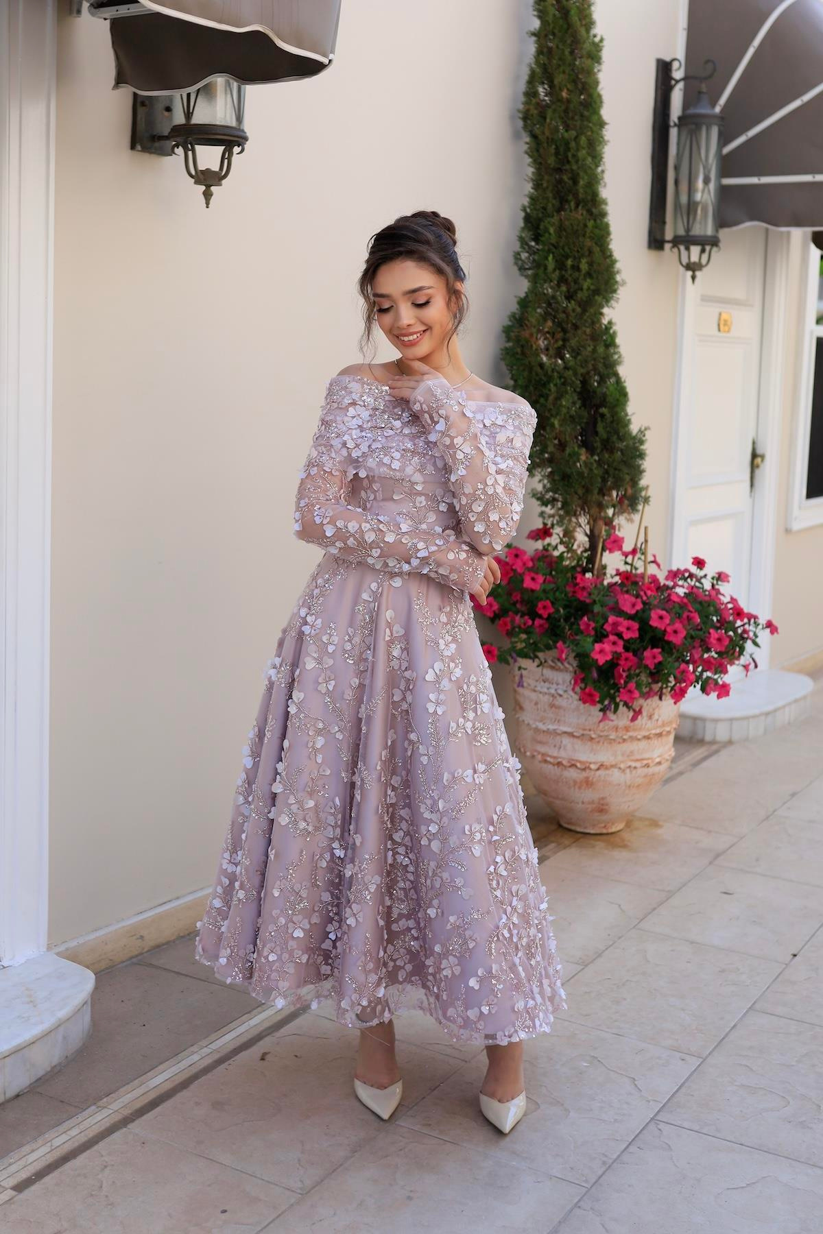 TheElsa | Kişiye Özel Üretim Abiye Elbise | Prenses Lavinya Pudra Çiçekli Özel Tasarım Dantel Abiye ElbiseÖZEL ÜRETİM ELBİSEPrincess Lavinya Powder Floral Special Design Lace Evening Dress