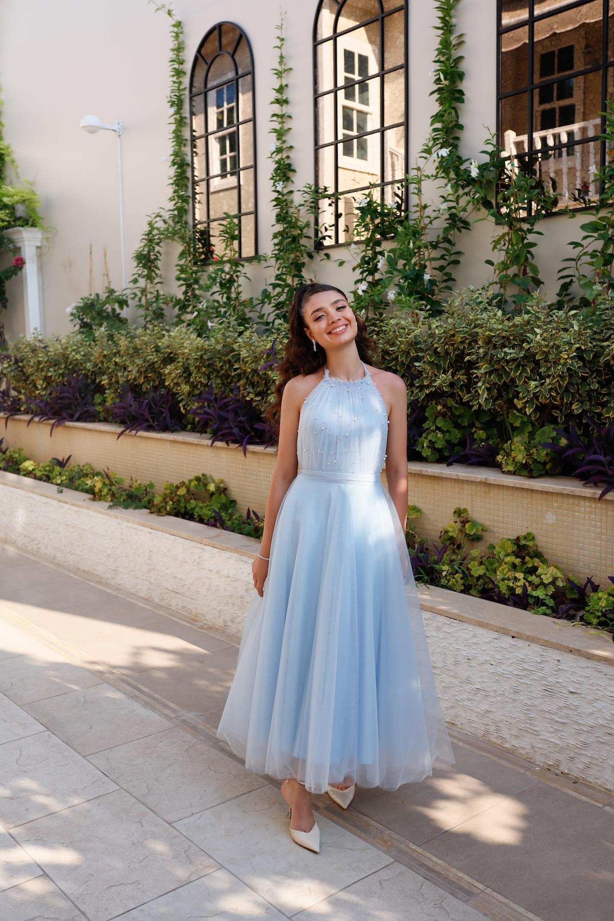 TheElsa | GİYİM | TAKI | Santa İncili Bebek Mavi Özel Tasarım Abiye ElbiseÖZEL ÜRETİM ELBİSESanta Baby Blue Special Design Evening Dress with Pearls