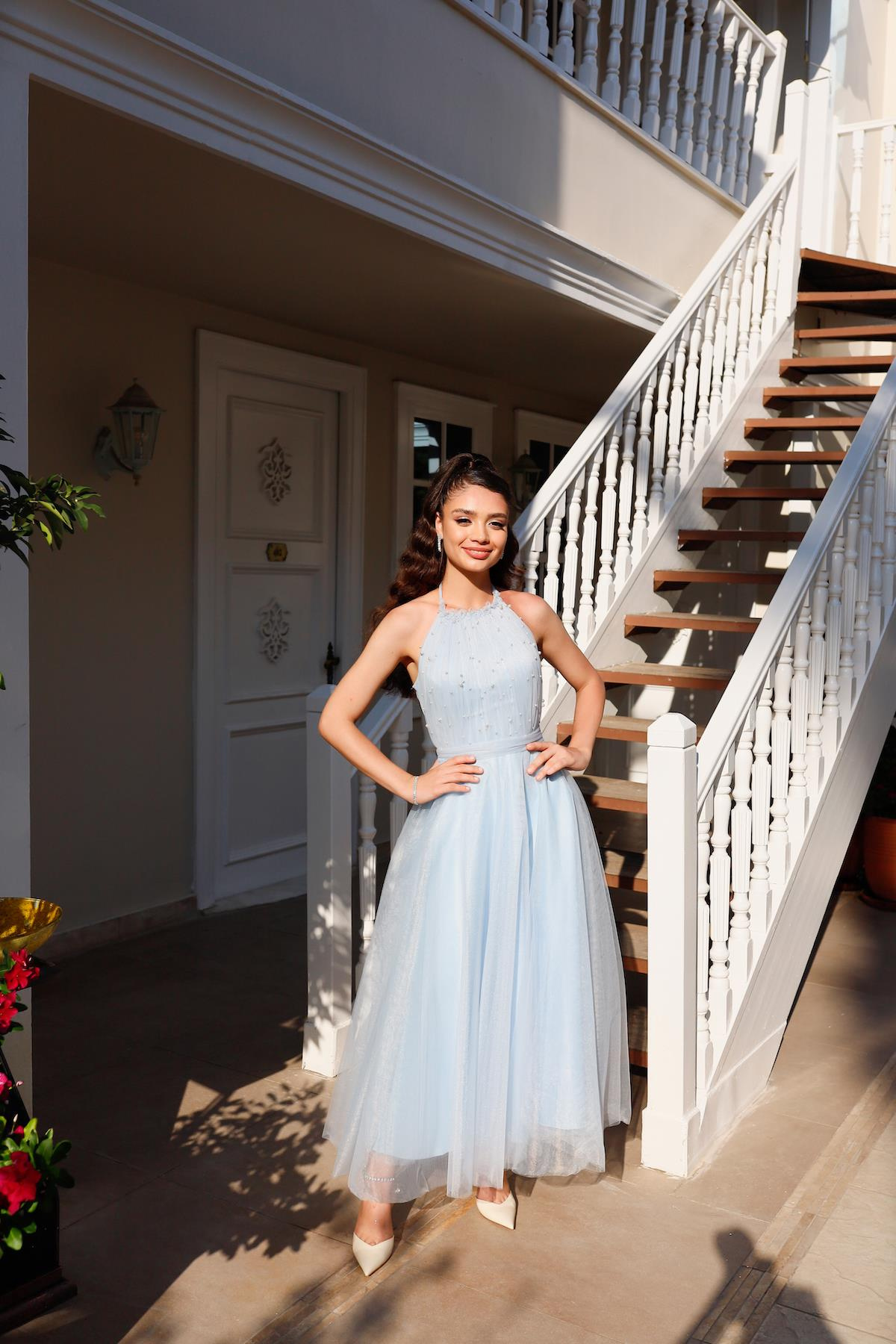 TheElsa | GİYİM | TAKI | Santa İncili Bebek Mavi Özel Tasarım Abiye ElbiseÖZEL ÜRETİM ELBİSESanta Baby Blue Special Design Evening Dress with Pearls