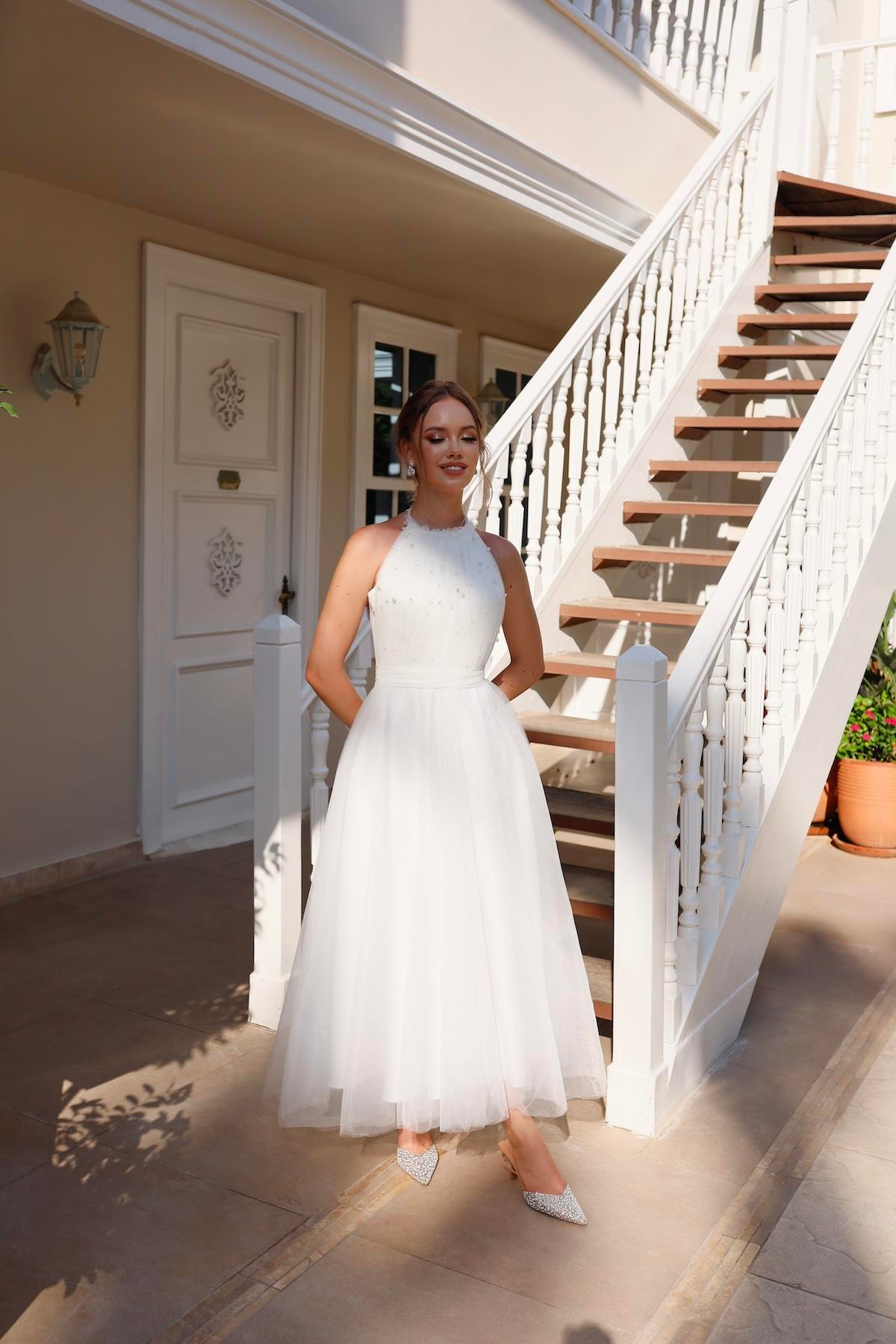 TheElsa | Kişiye Özel Üretim Abiye Elbise | Santa İncili Beyaz Özel Tasarım Abiye ElbiseTÜL ELBİSELERSanta White Special Design Evening Dress with Pearls