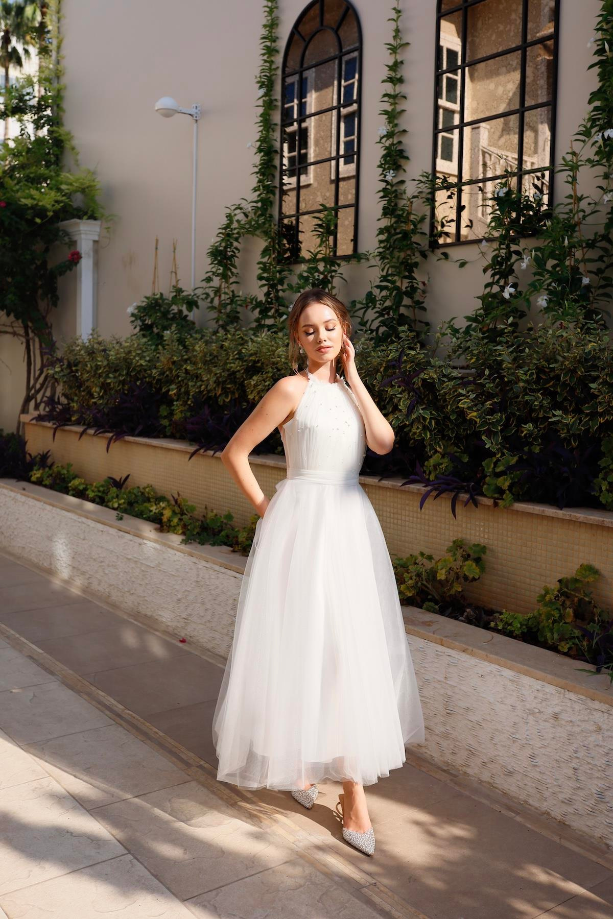 TheElsa | Kişiye Özel Üretim Abiye Elbise | Santa İncili Beyaz Özel Tasarım Abiye ElbiseTÜL ELBİSELERSanta White Special Design Evening Dress with Pearls