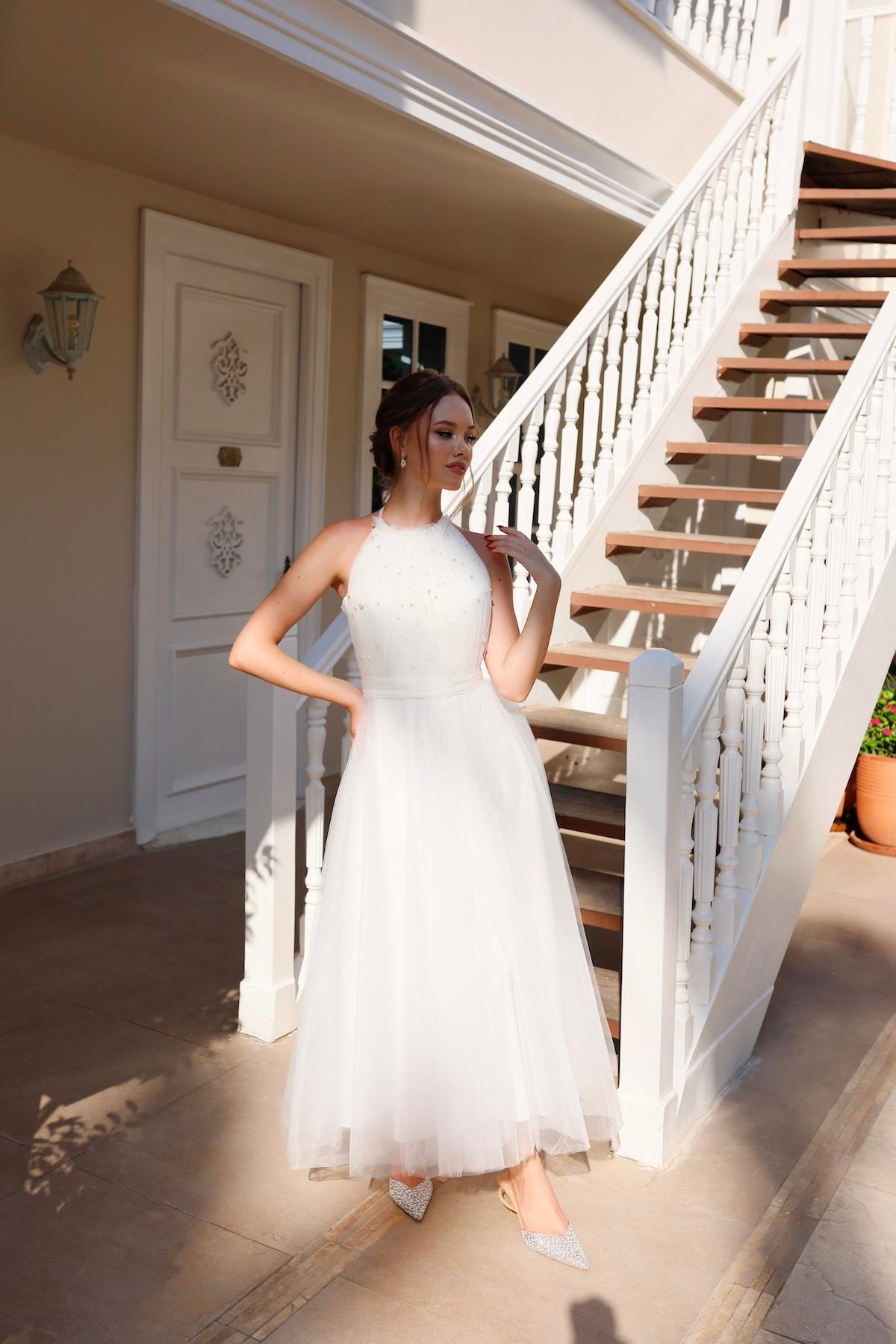 TheElsa | Kişiye Özel Üretim Abiye Elbise | Santa İncili Beyaz Özel Tasarım Abiye ElbiseTÜL ELBİSELERSanta White Special Design Evening Dress with Pearls