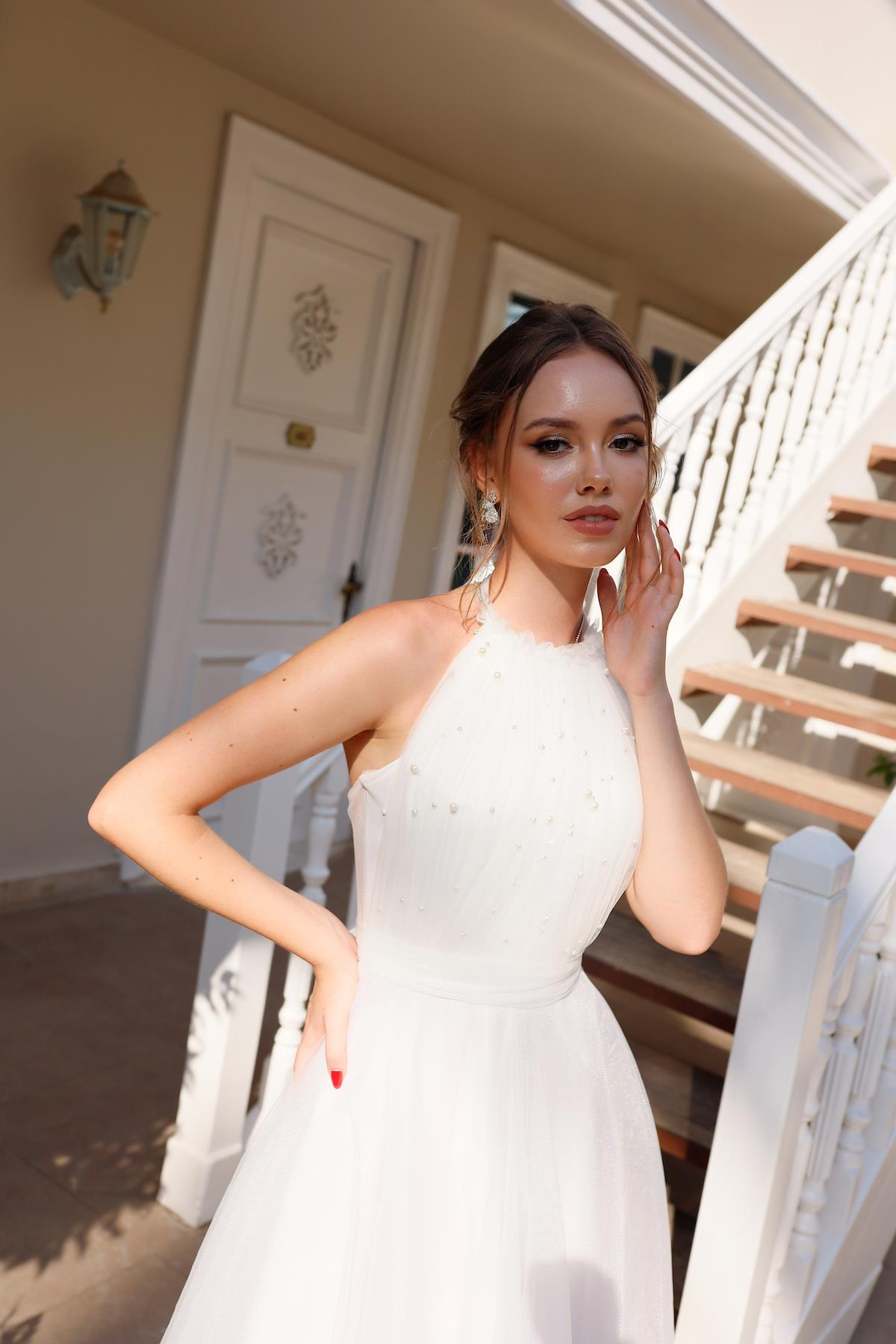 TheElsa | Kişiye Özel Üretim Abiye Elbise | Santa İncili Beyaz Özel Tasarım Abiye ElbiseTÜL ELBİSELERSanta White Special Design Evening Dress with Pearls
