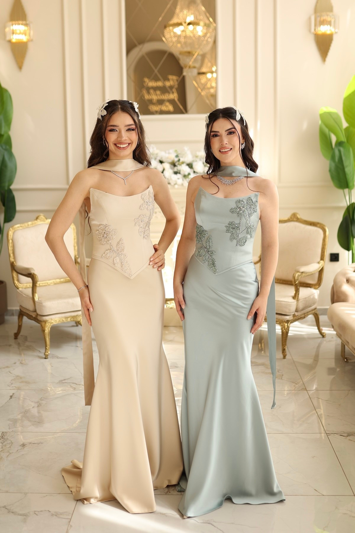 TheElsa | Serena Bej Balık Şifon ŞalSADE ELBİSELERSerena Bej Balık Şifon Şal Korseli Uzun Saten Nişan Davet Elbisesi