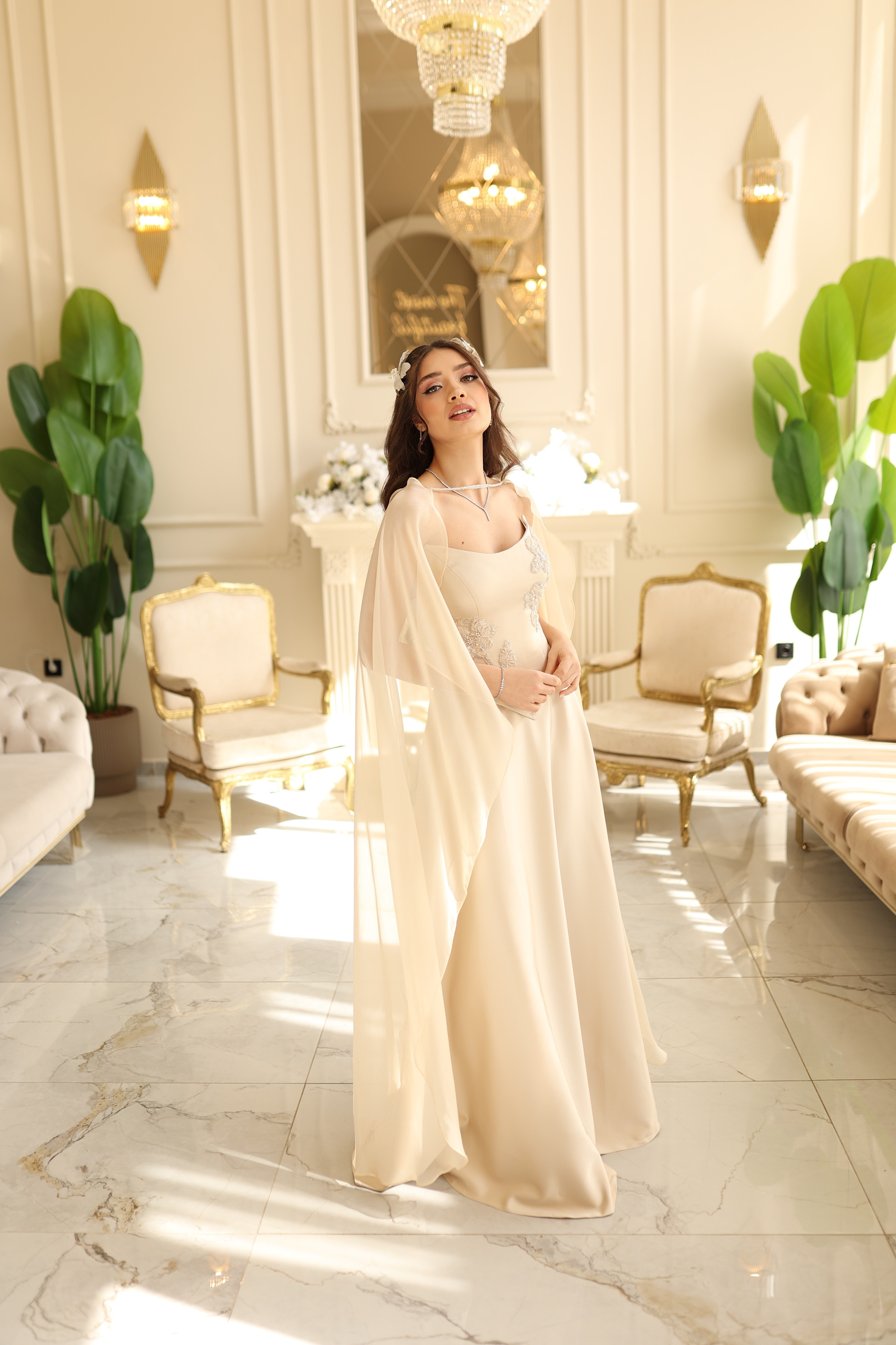 TheElsa | Serena Bej Prenses Şifon Şal SADE ELBİSELERSerena Bej Prenses Şifon Şal Korseli Uzun Saten Nişan Davet Elbisesi