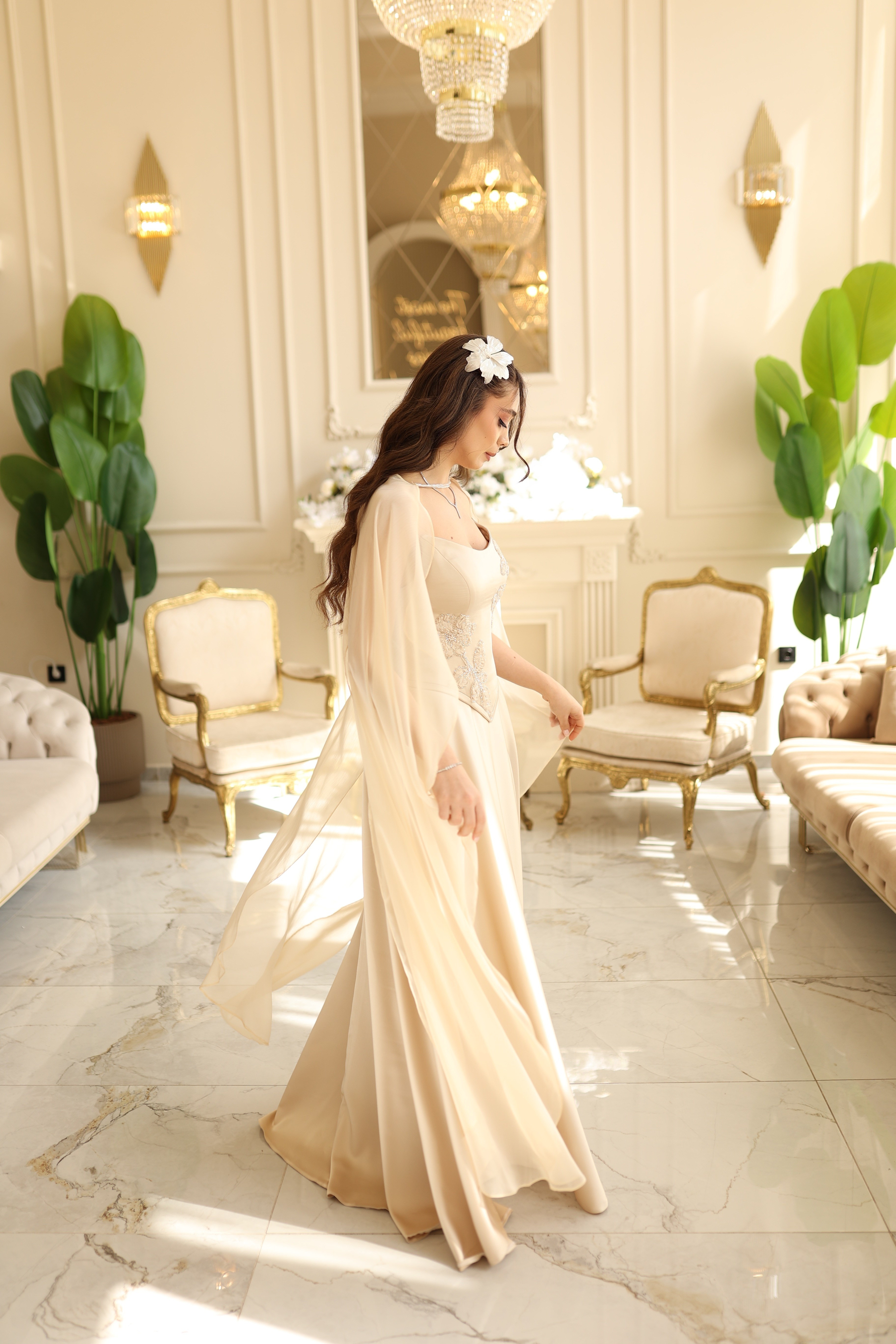 TheElsa | Serena Bej Prenses Şifon Şal SADE ELBİSELERSerena Bej Prenses Şifon Şal Korseli Uzun Saten Nişan Davet Elbisesi