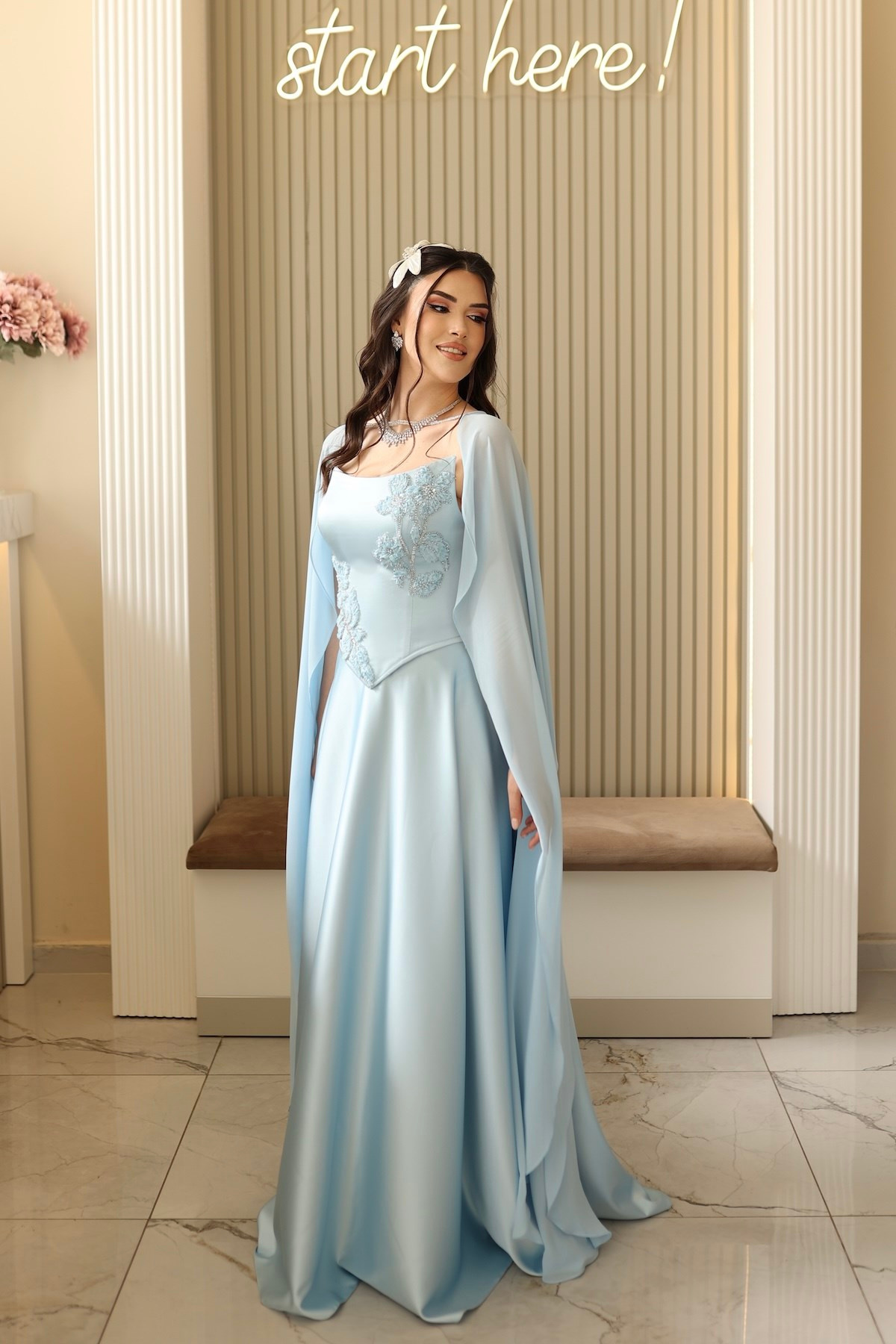 TheElsa | Serena Mavi Şifon Şal Prenses SADE ELBİSELERSerena Mavi Şifon Şal Prenses Korseli Uzun Saten Nişan Davet Elbisesi