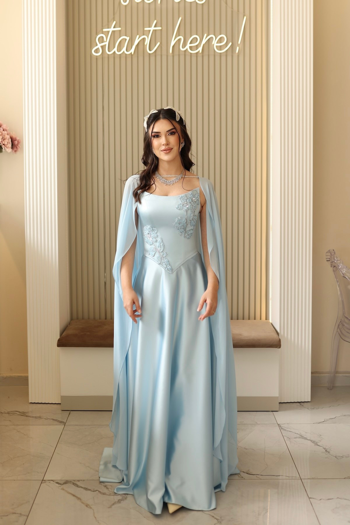 TheElsa | Serena Mavi Şifon Şal Prenses SADE ELBİSELERSerena Mavi Şifon Şal Prenses Korseli Uzun Saten Nişan Davet Elbisesi