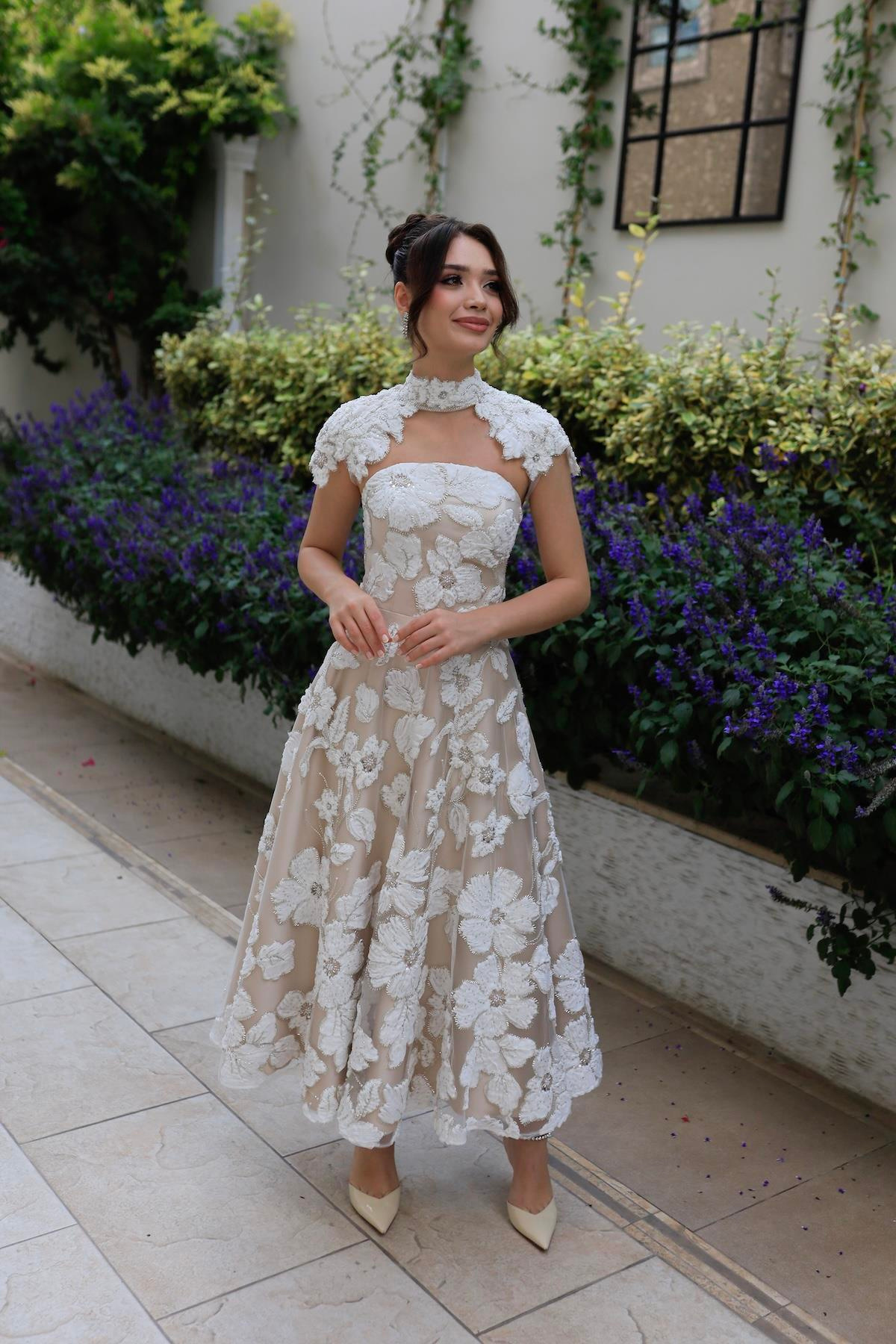 TheElsa | SINDIRELLA PRENSES APOLETSİNDİRELLA COLLECTİONSindirella Apolet Prenses Beyaz Çiçekli Özel Tasarım Dantel Abiye Elbise