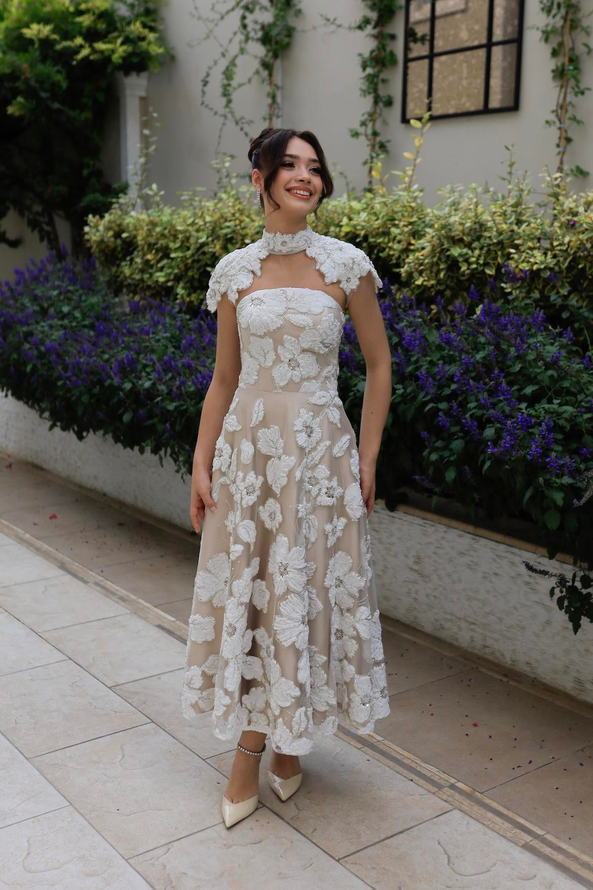 TheElsa | SINDIRELLA PRENSES APOLETSİNDİRELLA COLLECTİONSindirella Apolet Prenses Beyaz Çiçekli Özel Tasarım Dantel Abiye Elbise