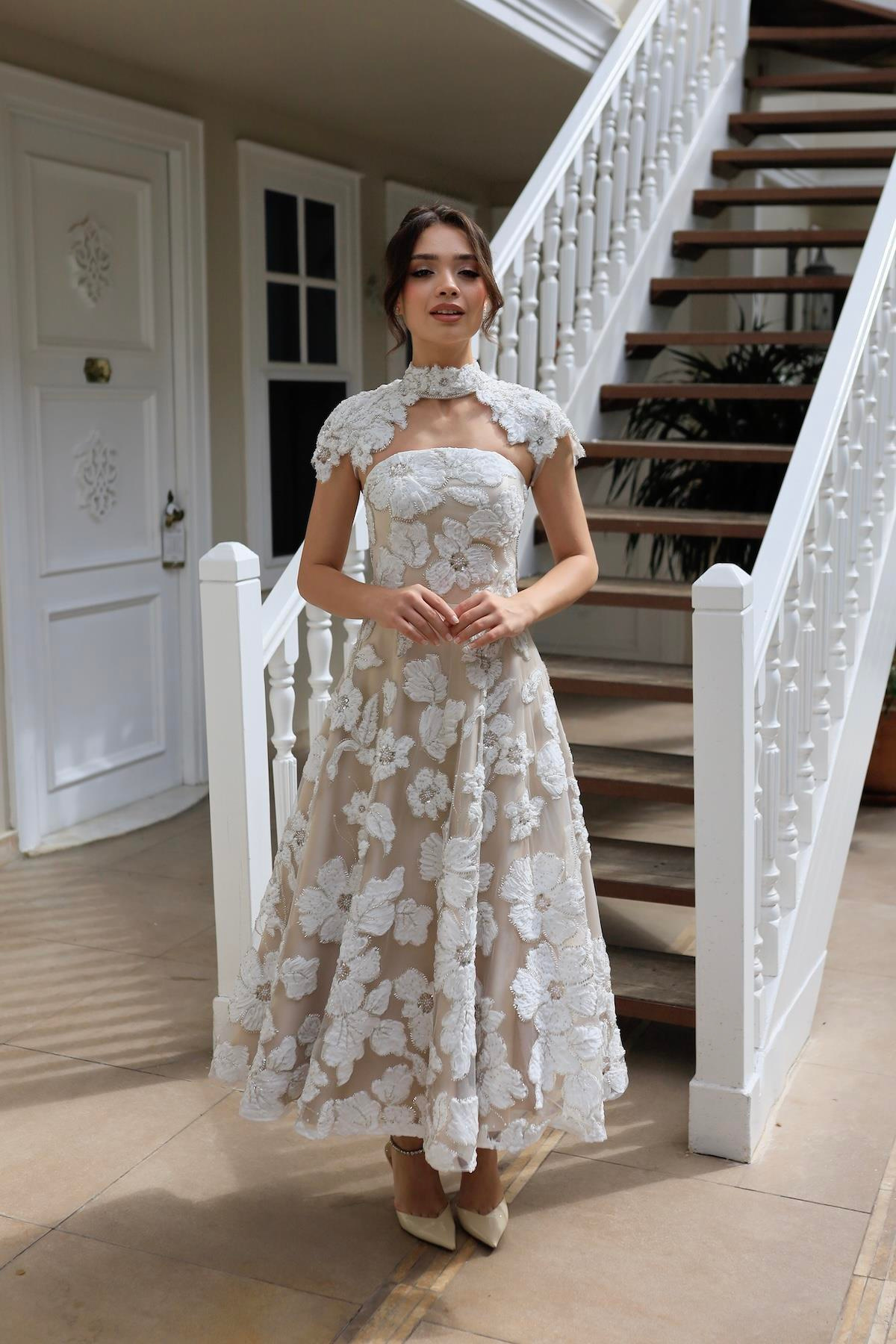 TheElsa | SINDIRELLA PRENSES APOLETSİNDİRELLA COLLECTİONSindirella Apolet Prenses Beyaz Çiçekli Özel Tasarım Dantel Abiye Elbise
