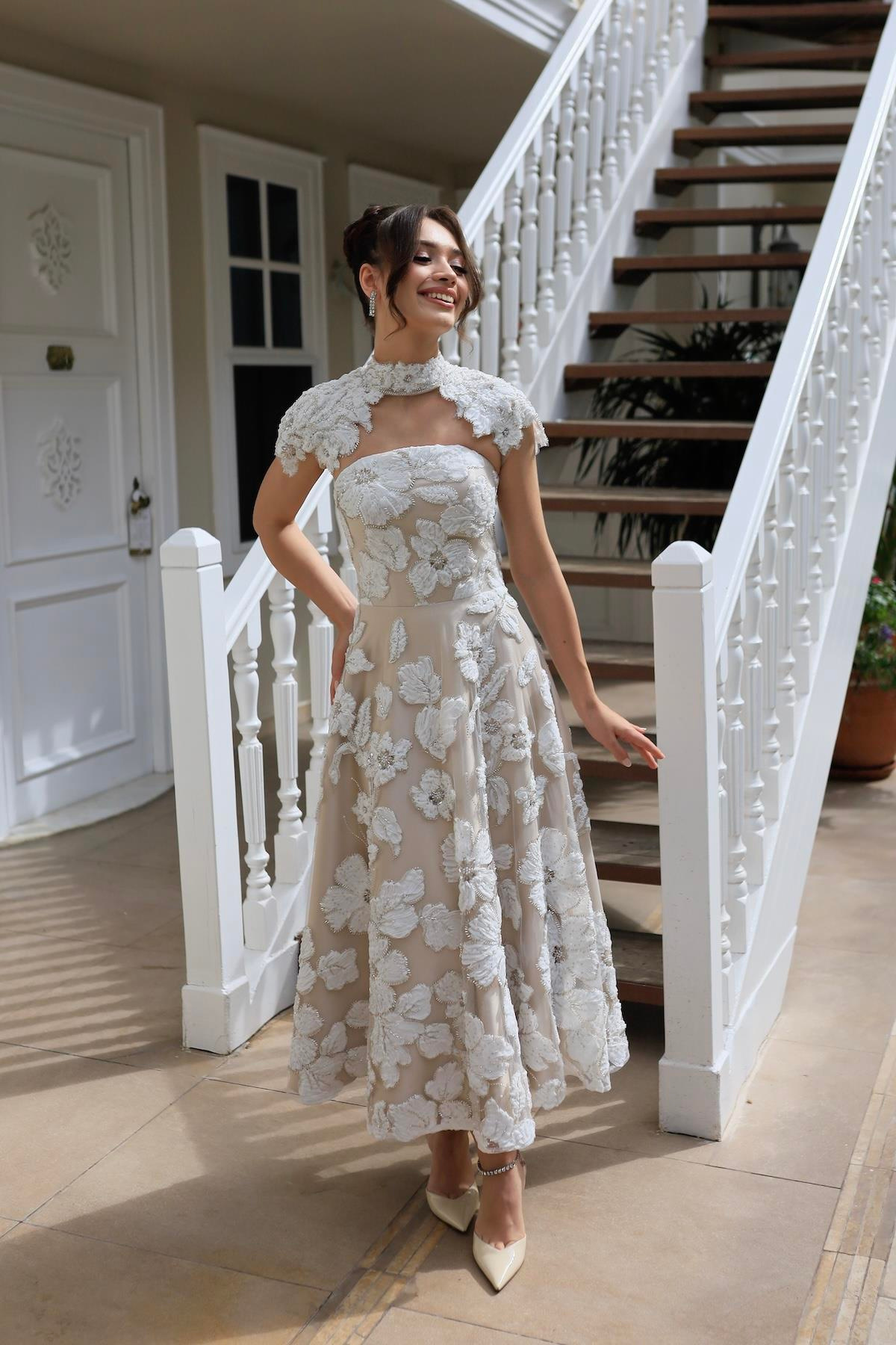 TheElsa | SINDIRELLA PRENSES APOLETSİNDİRELLA COLLECTİONSindirella Apolet Prenses Beyaz Çiçekli Özel Tasarım Dantel Abiye Elbise
