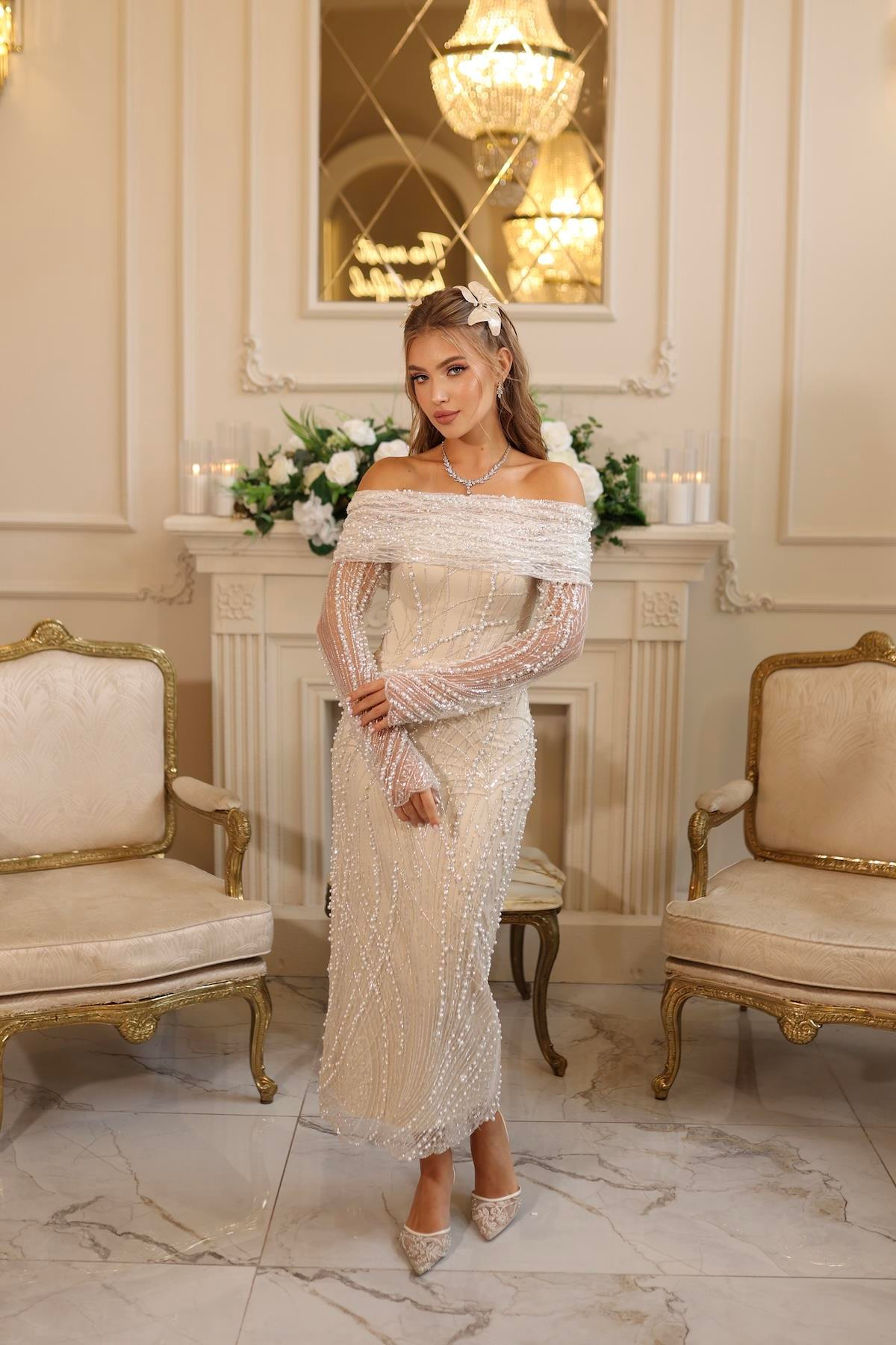 TheElsa | TIARA KALEM BEYAZ DANTEL ELBİSELERTiara İnci Kalem Beyaz Dantel Nişan Nikah Elbise