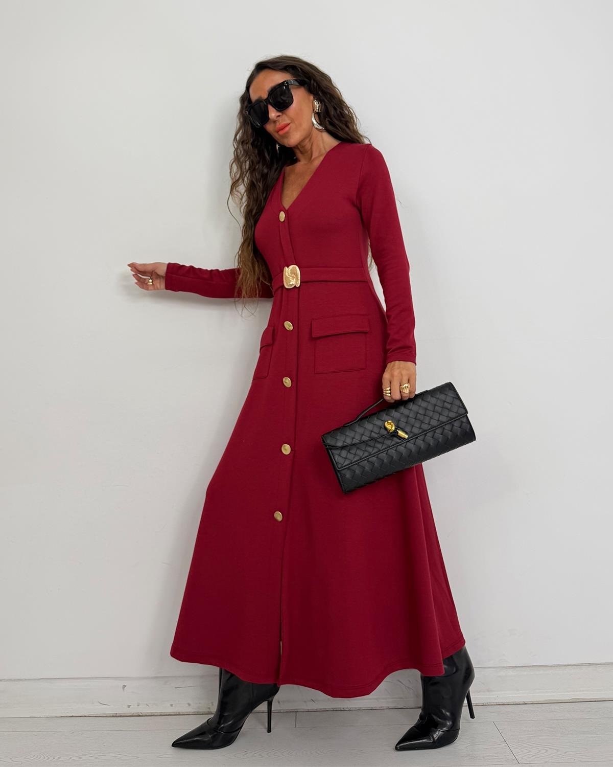 Amira Gold Tokalı Elbise Bordo