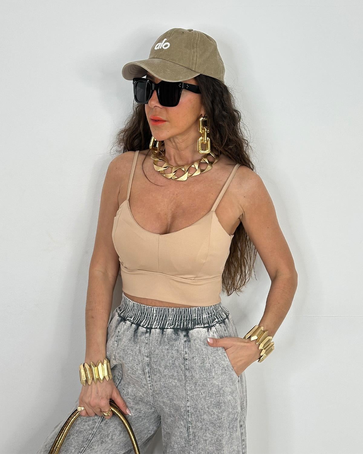 Arkası Çapraz Askılı Crop Bej