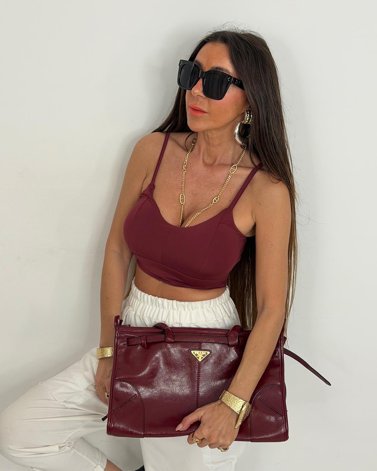 Arkası Çapraz Crop Bordo