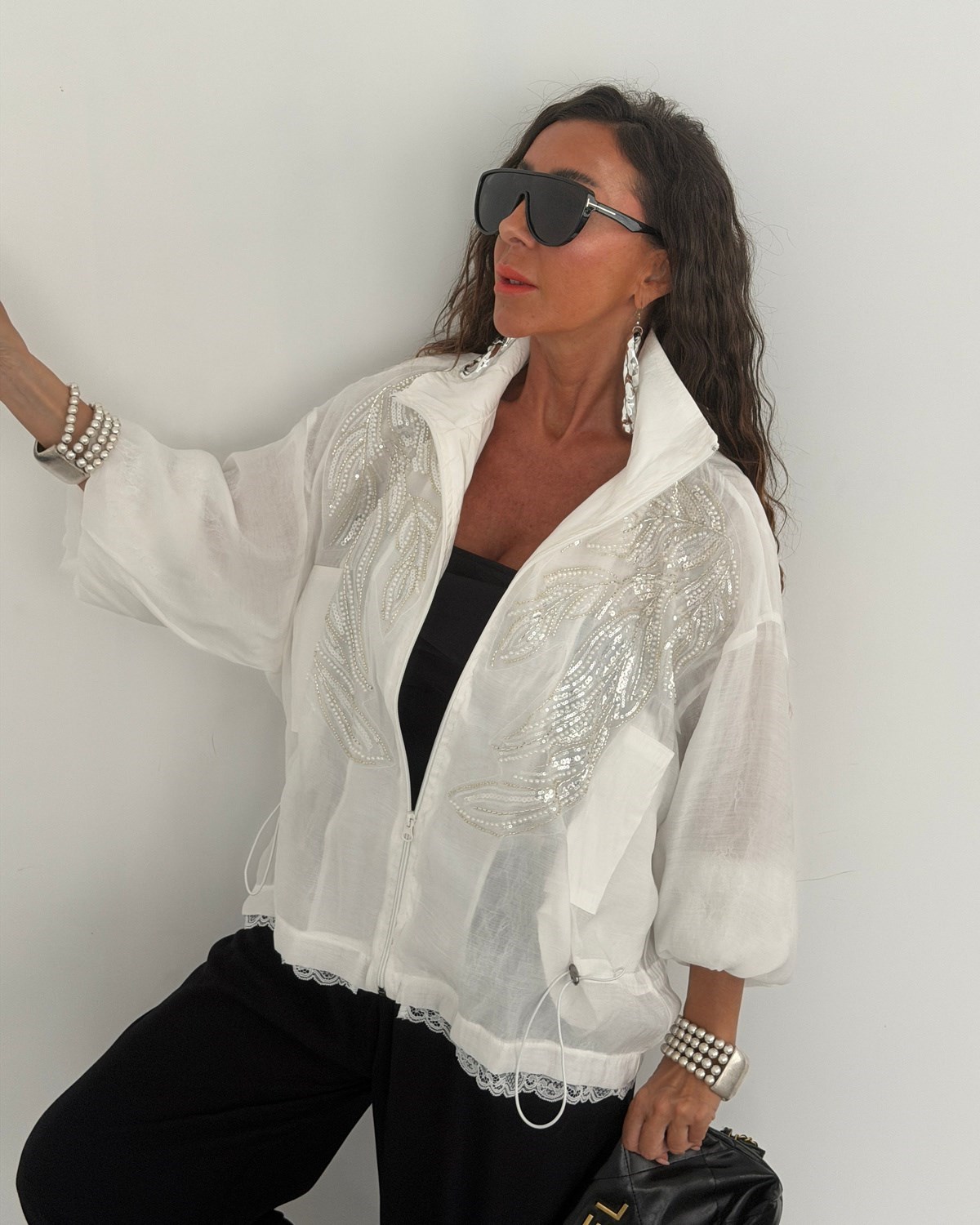 Bonnie Taşlı Organze Ceket Beyaz