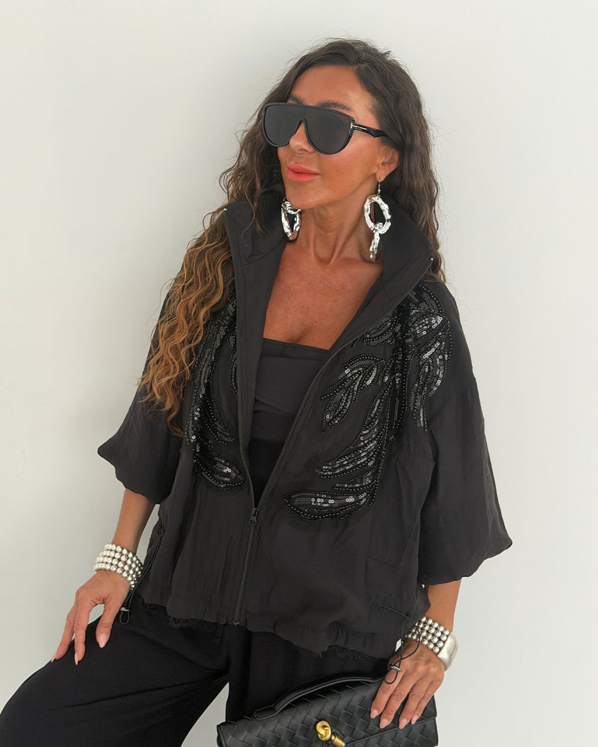 Bonnie Taşlı Organze Ceket Siyah