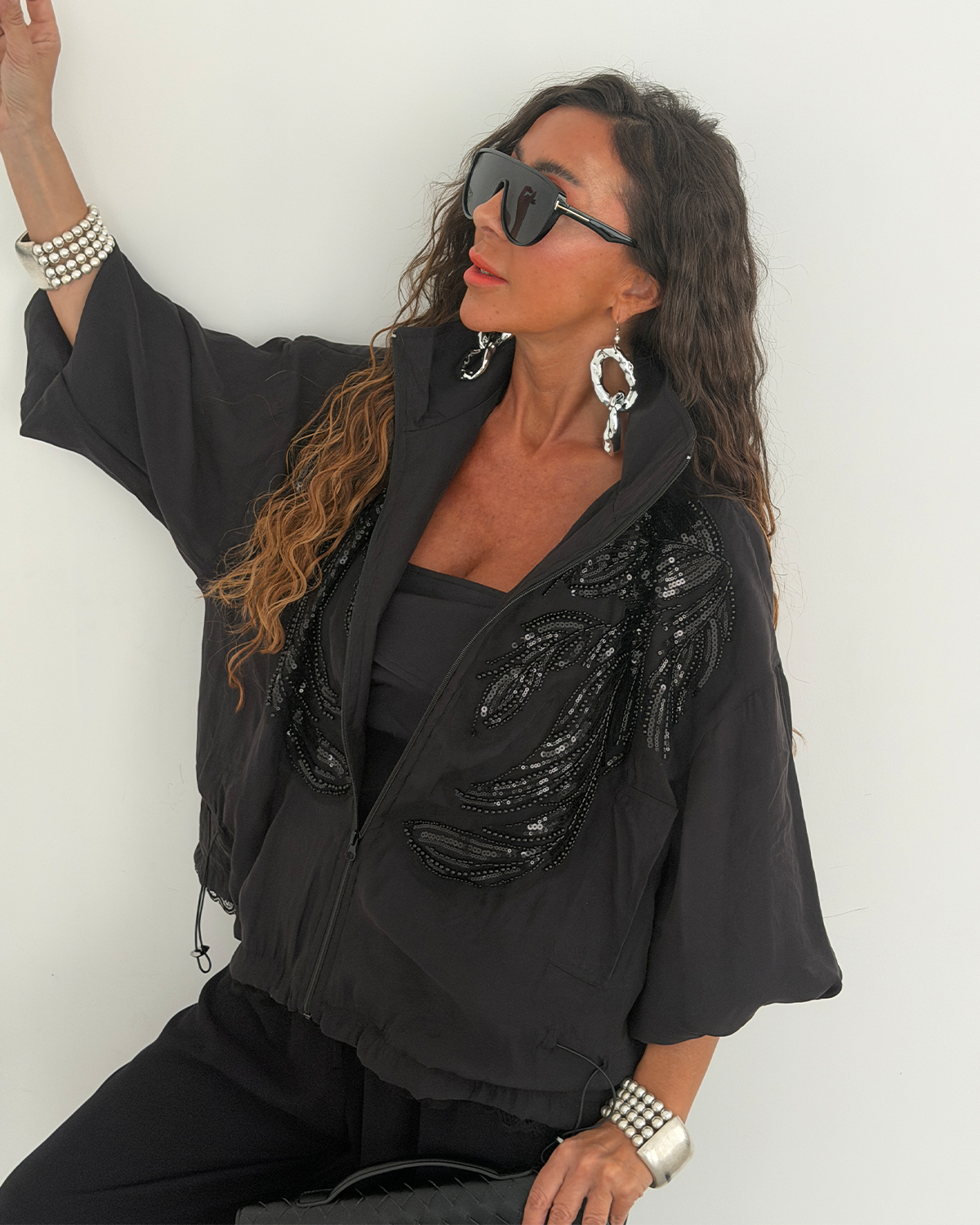 Bonnie Taşlı Organze Ceket Siyah