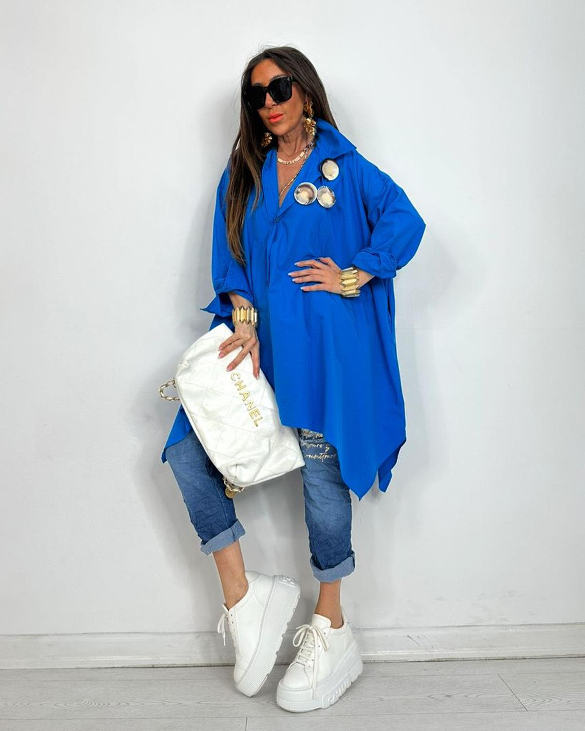 Broşlu Tunik Gömlek Mavi