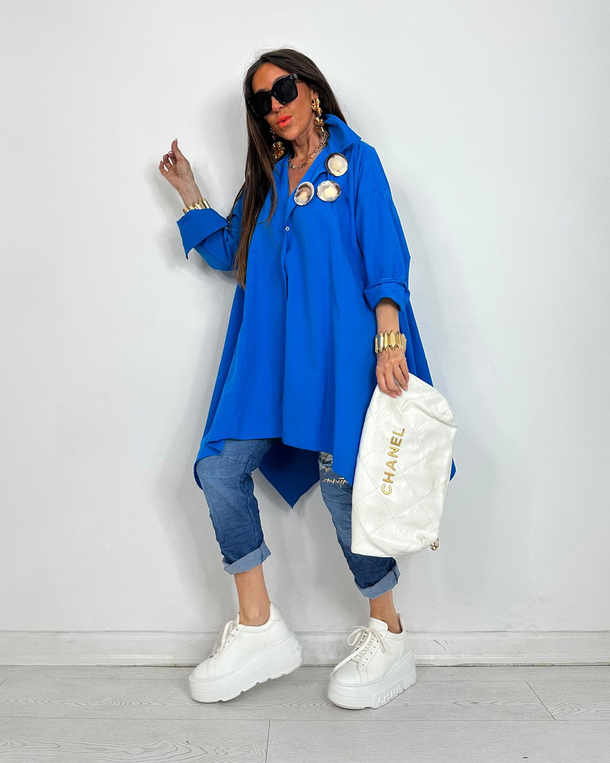 Broşlu Tunik Gömlek Mavi