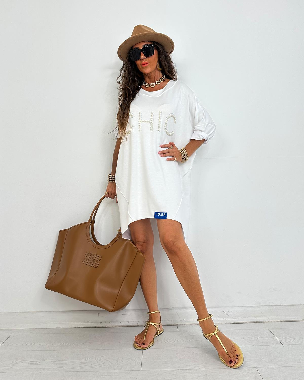 Chic İncili Tunik Elbise Beyaz