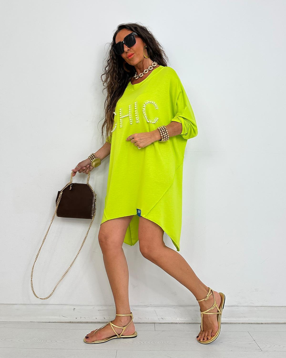 Chic İncili Tunik Elbise Fıstık