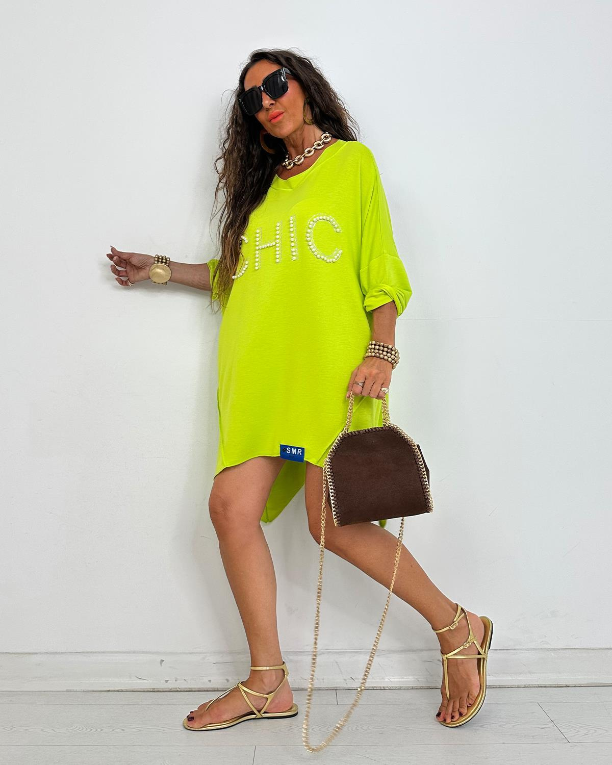 Chic İncili Tunik Elbise Fıstık