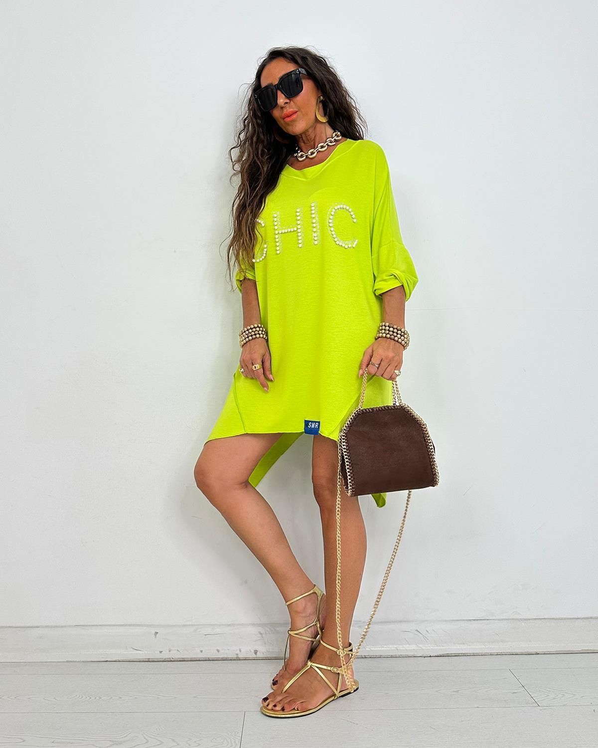 Chic İncili Tunik Elbise Fıstık
