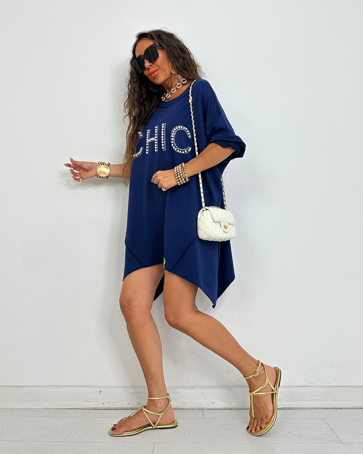 Chic İncili Tunik Elbise Lacivert