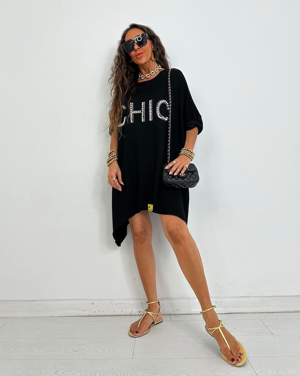 Chic İncili Tunik Elbise Siyah