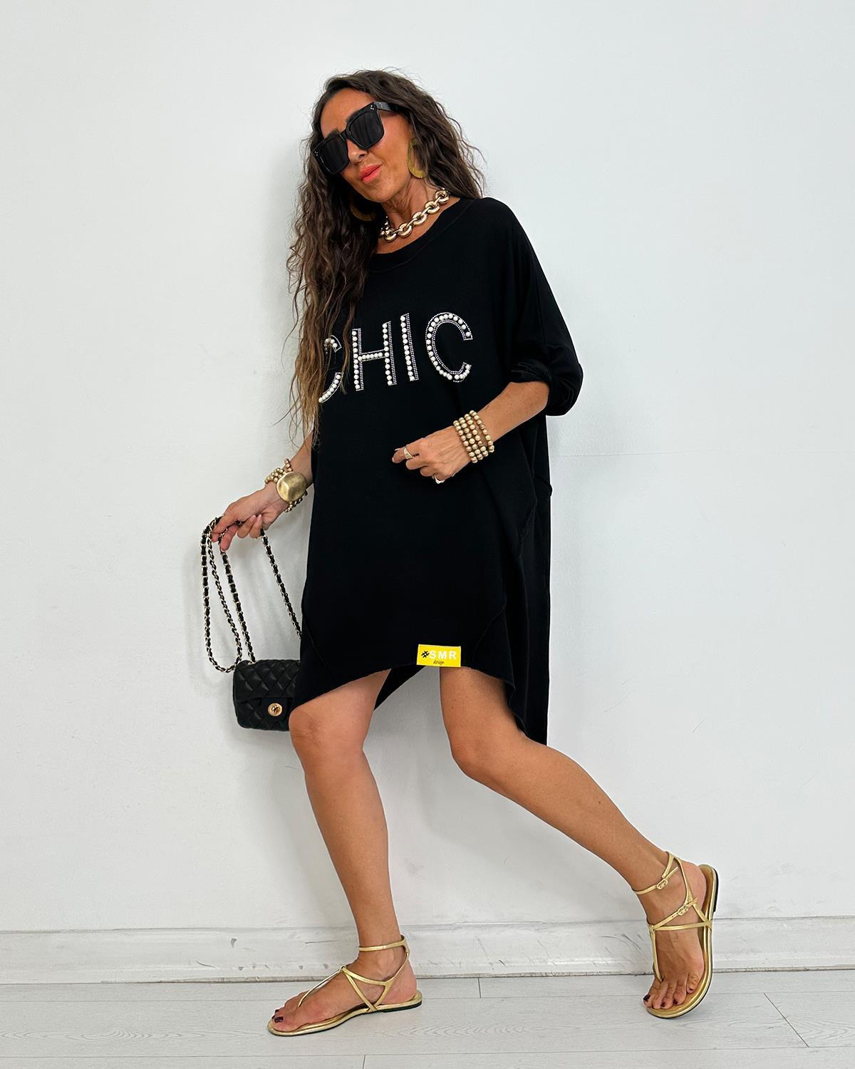 Chic İncili Tunik Elbise Siyah