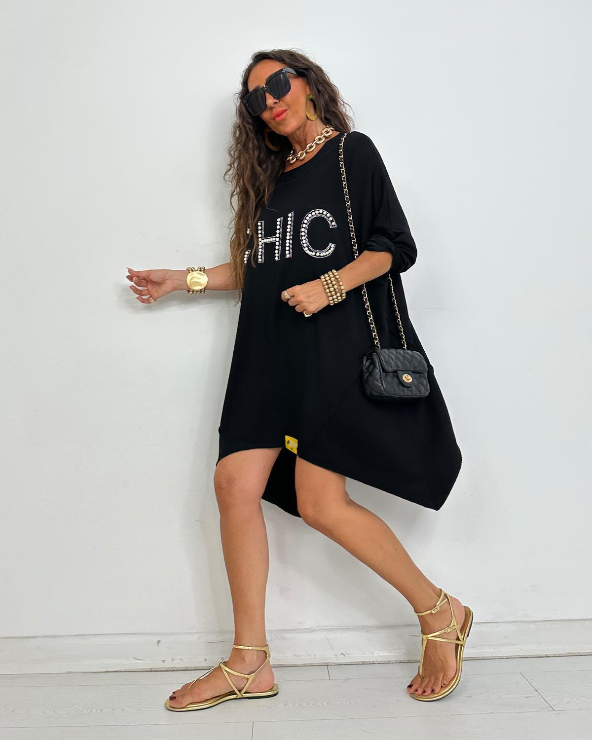 Chic İncili Tunik Elbise Siyah