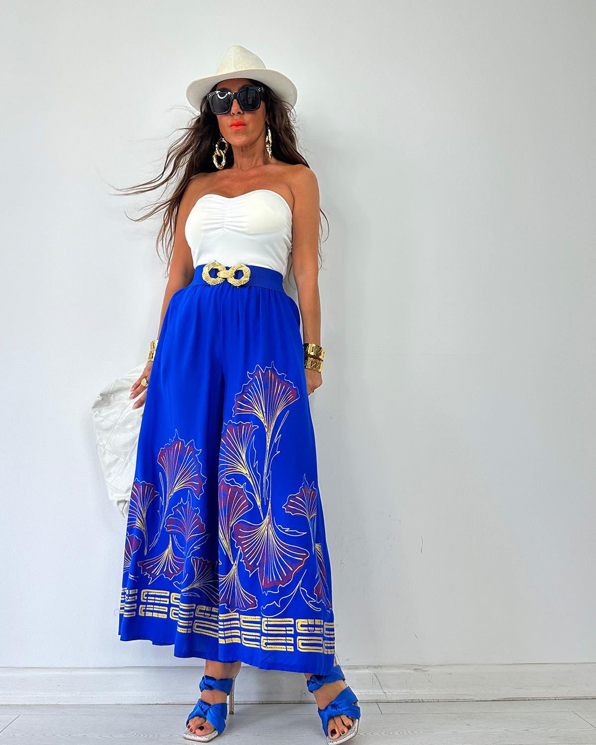 Çiçek Baskılı Pantalon Saks
