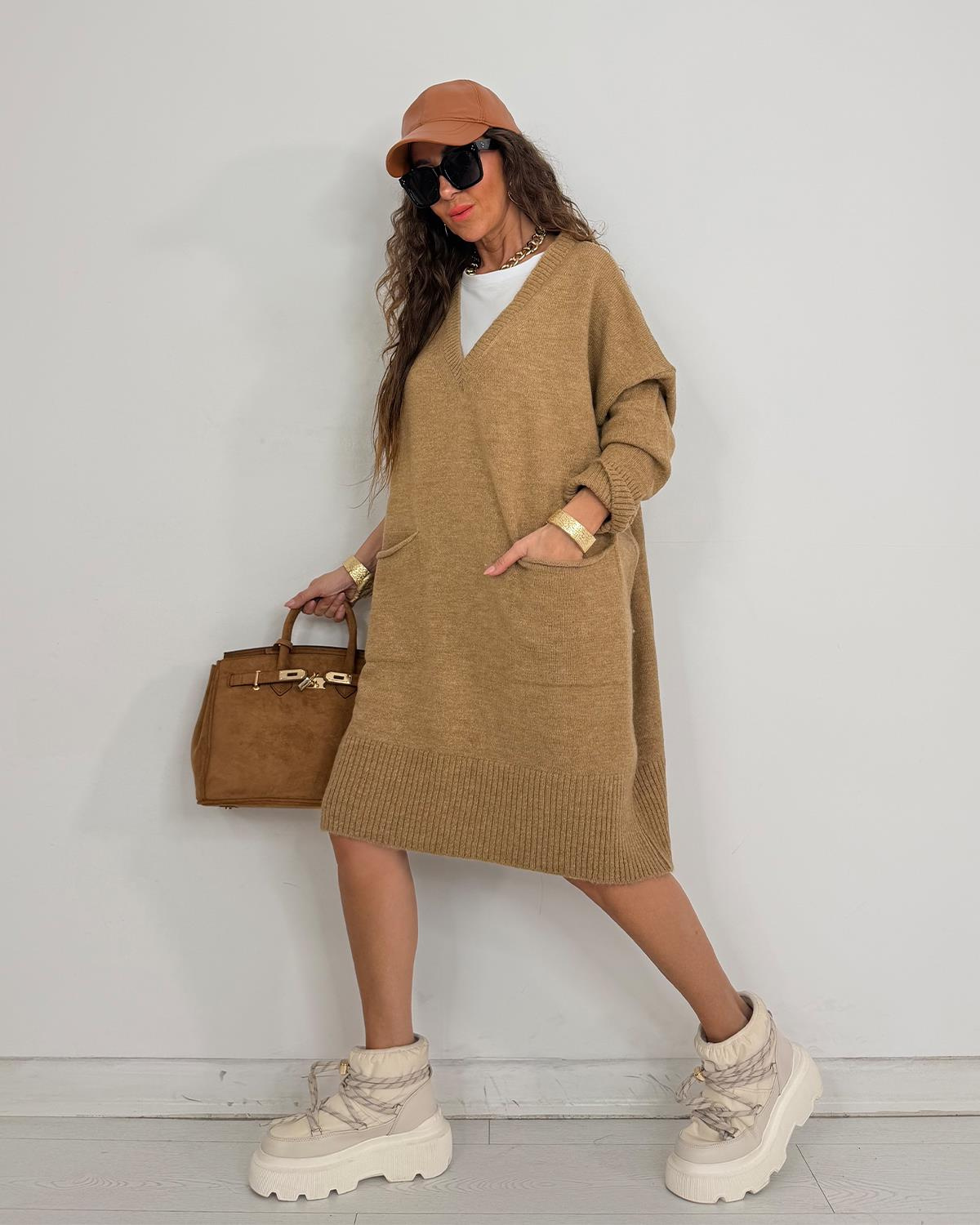 Delfina Tunik Triko Elbise Taba