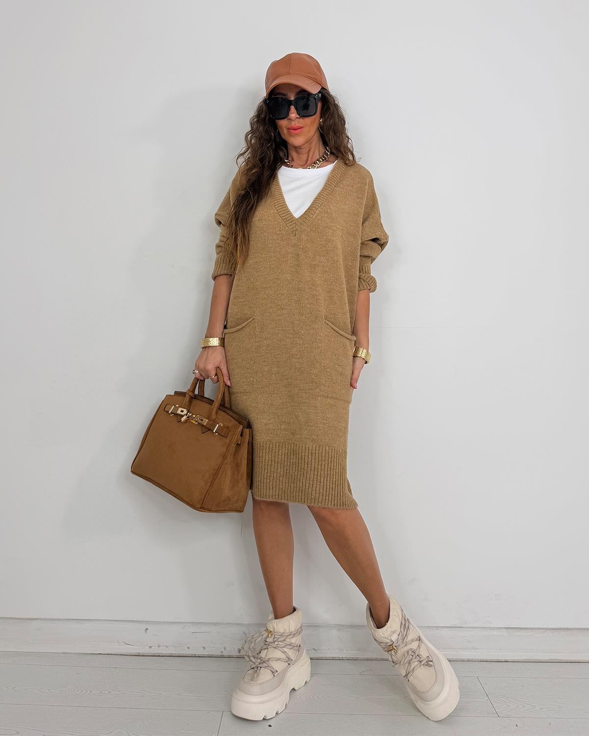 Delfina Tunik Triko Elbise Taba