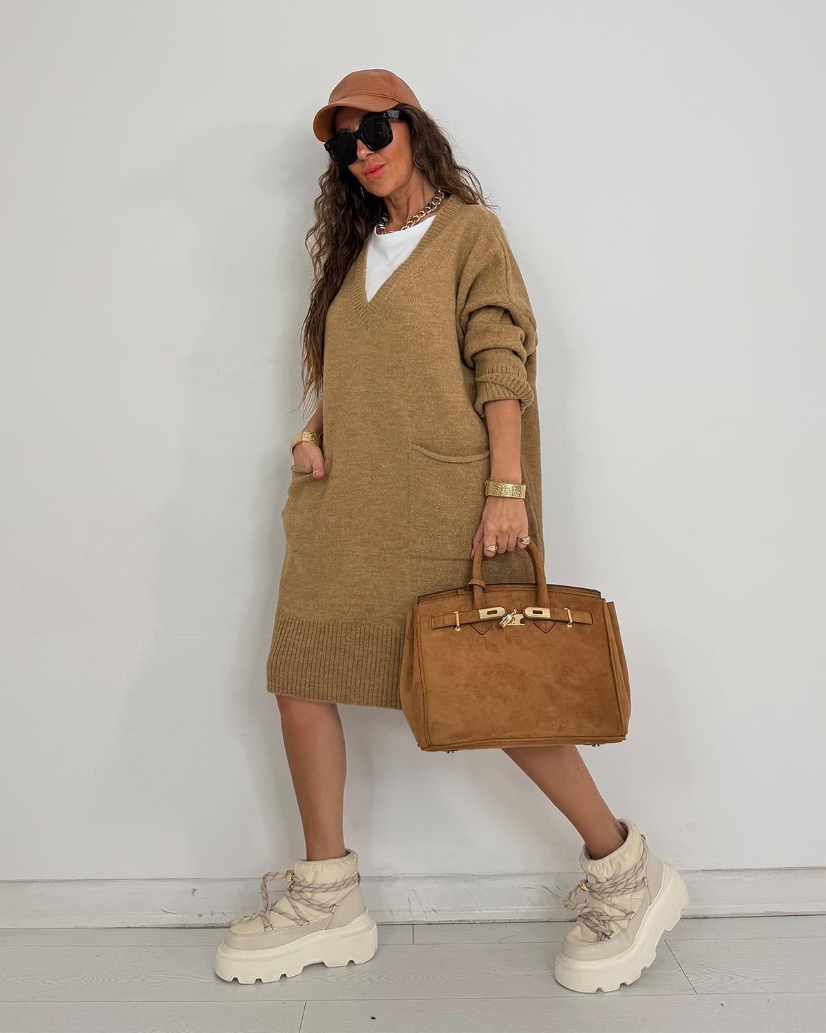 Delfina Tunik Triko Elbise Taba