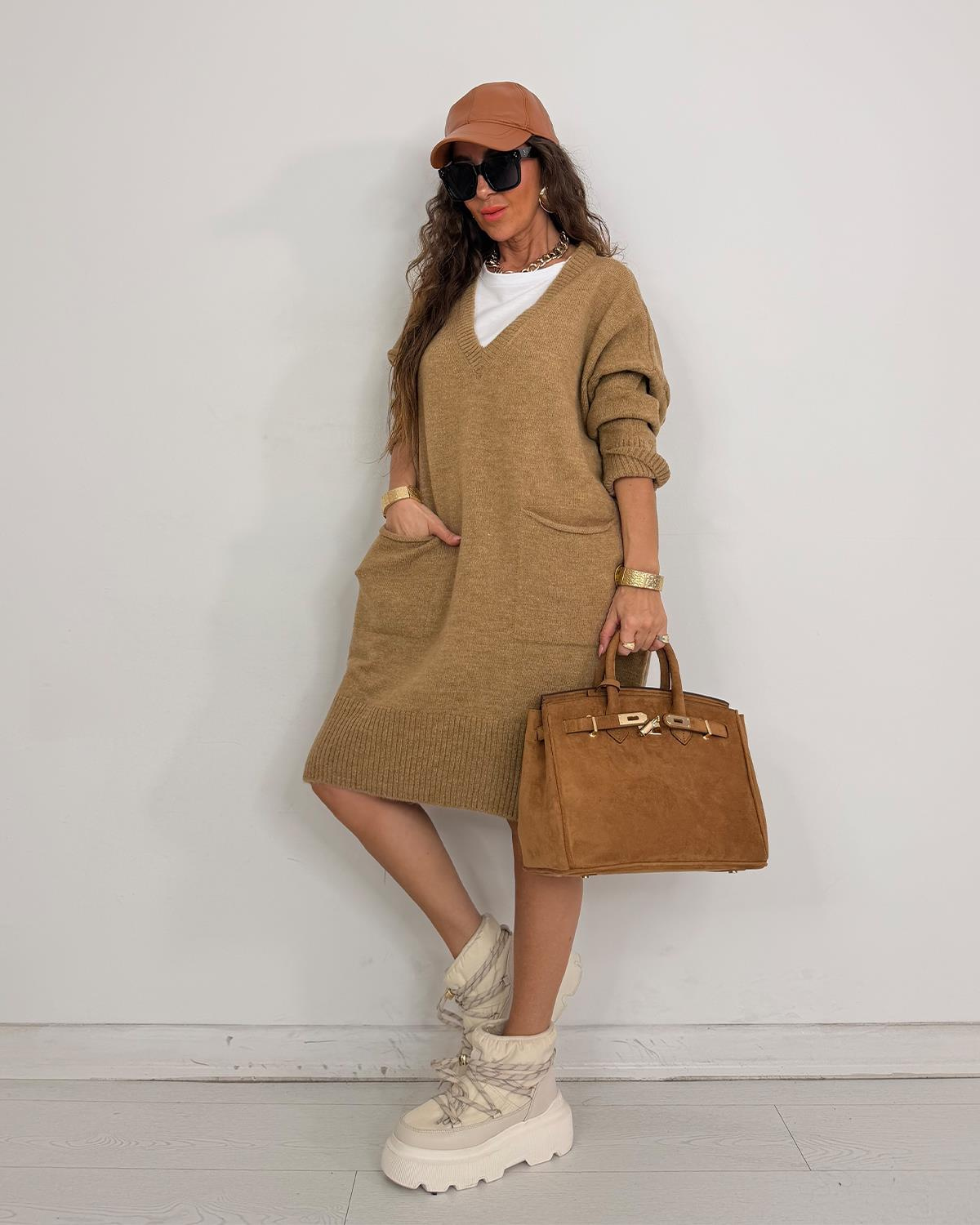 Delfina Tunik Triko Elbise Taba