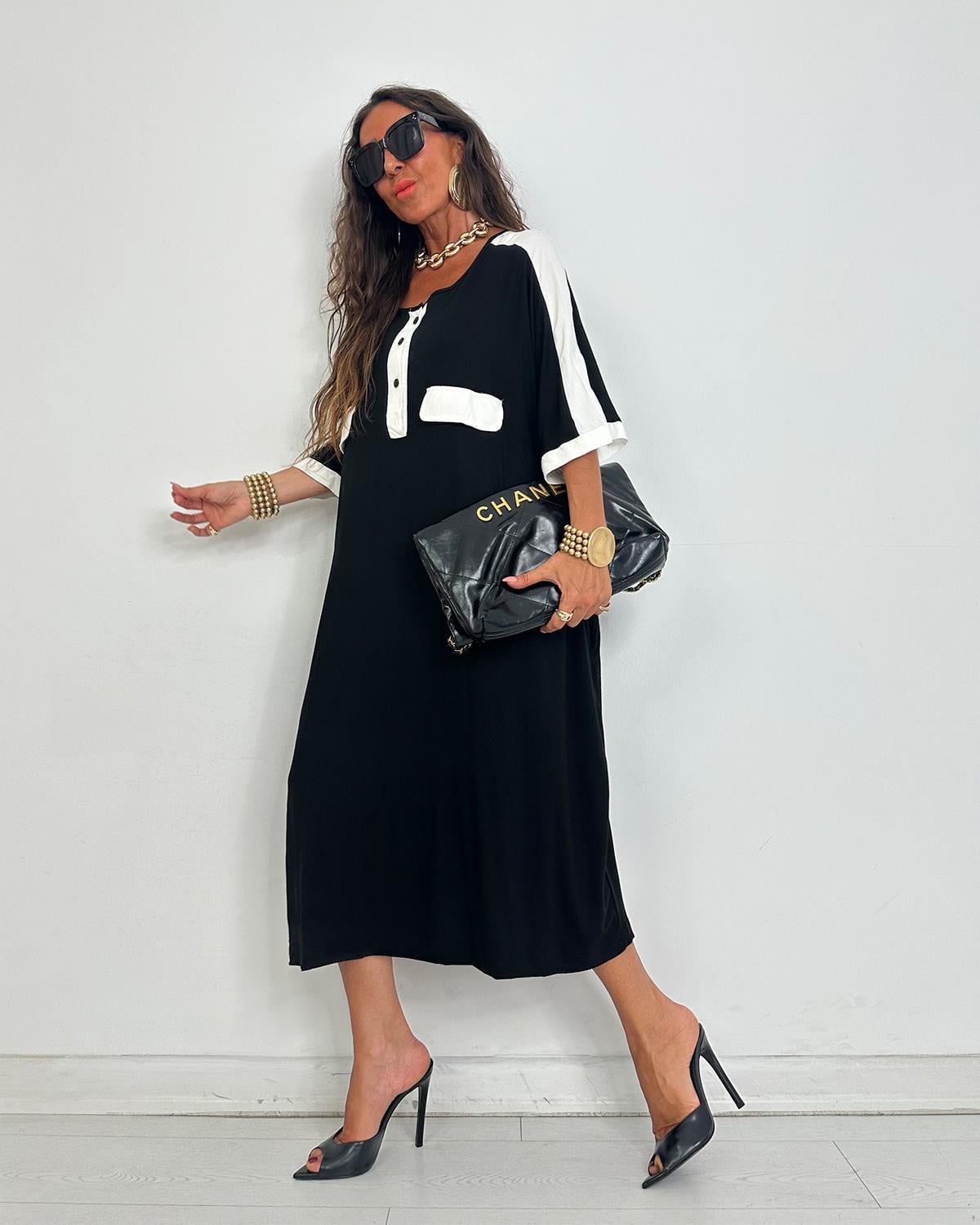 Donna Siyah Beyaz Cepli Elbise