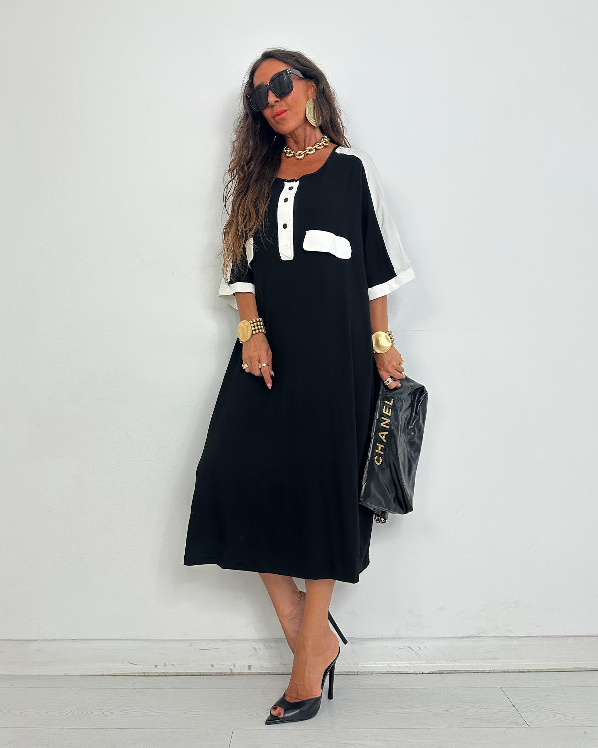 Donna Siyah Beyaz Cepli Elbise