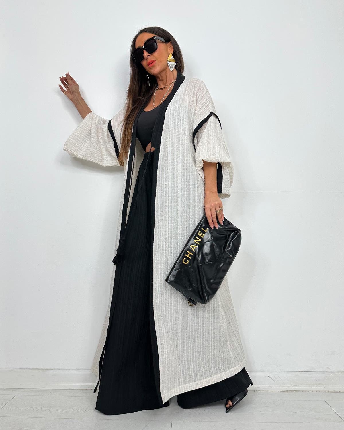 Ekru Siyah Şerit Kimono