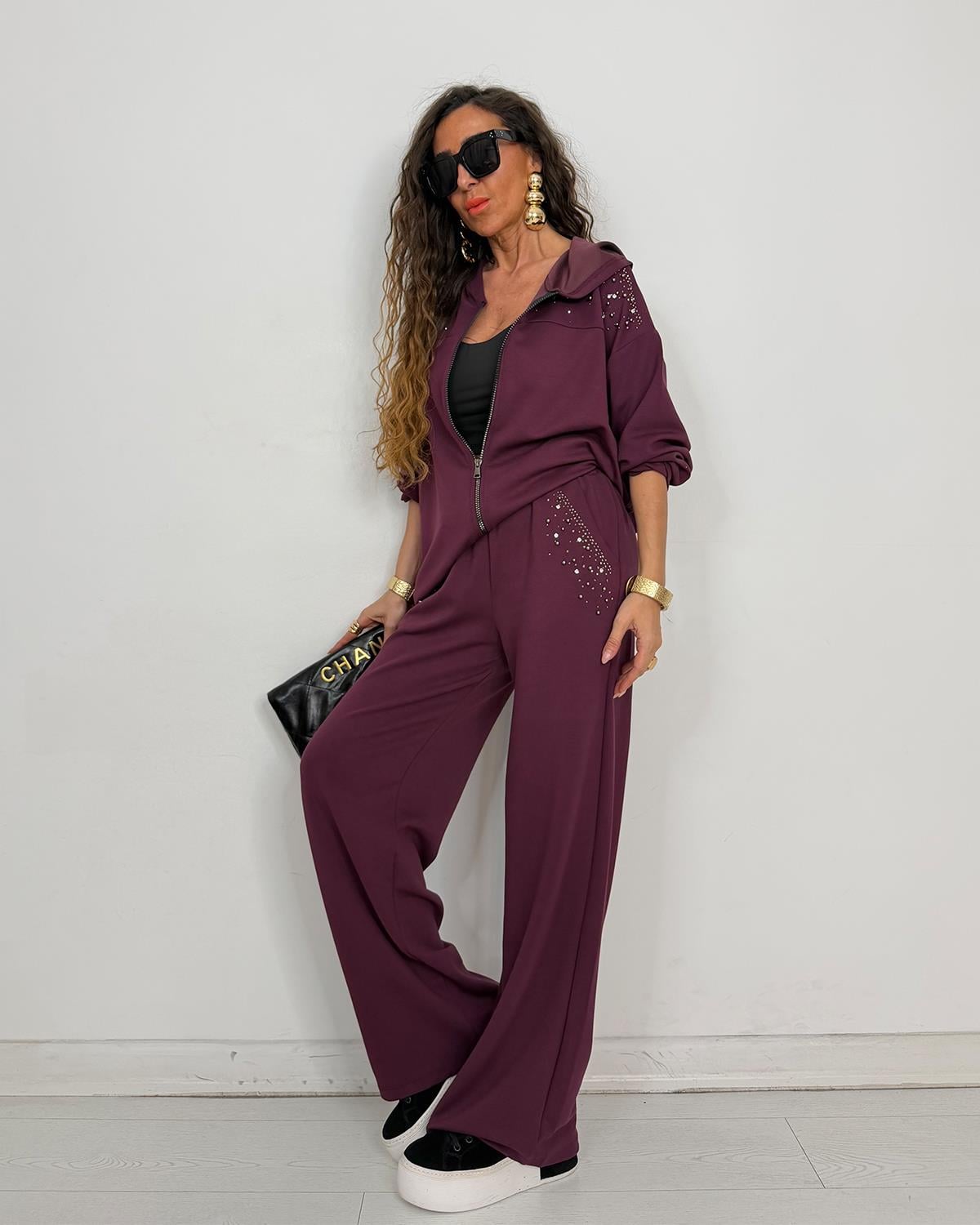 Fancy Taşlı Takım Bordo