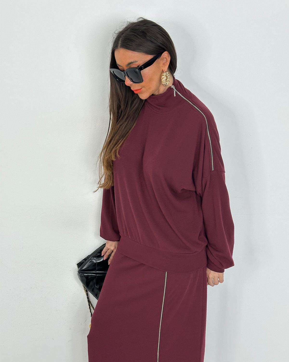 Fermuarlı Triko Takım Bordo