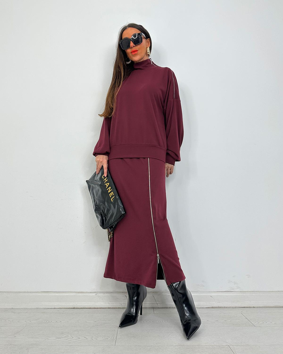 Fermuarlı Triko Takım Bordo