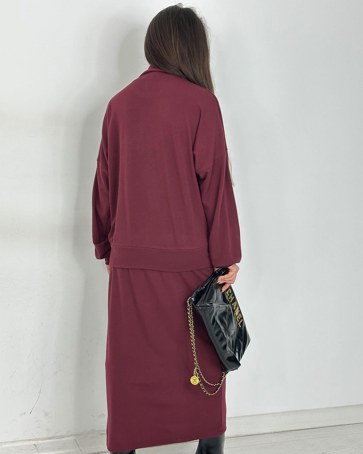 Fermuarlı Triko Takım Bordo