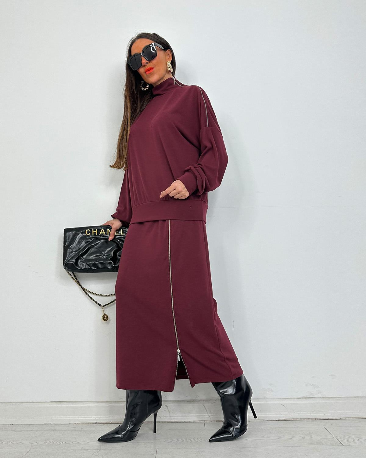 Fermuarlı Triko Takım Bordo