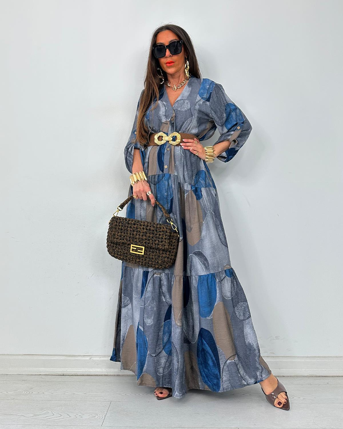 Julya Batik Elbise Gri Mavi